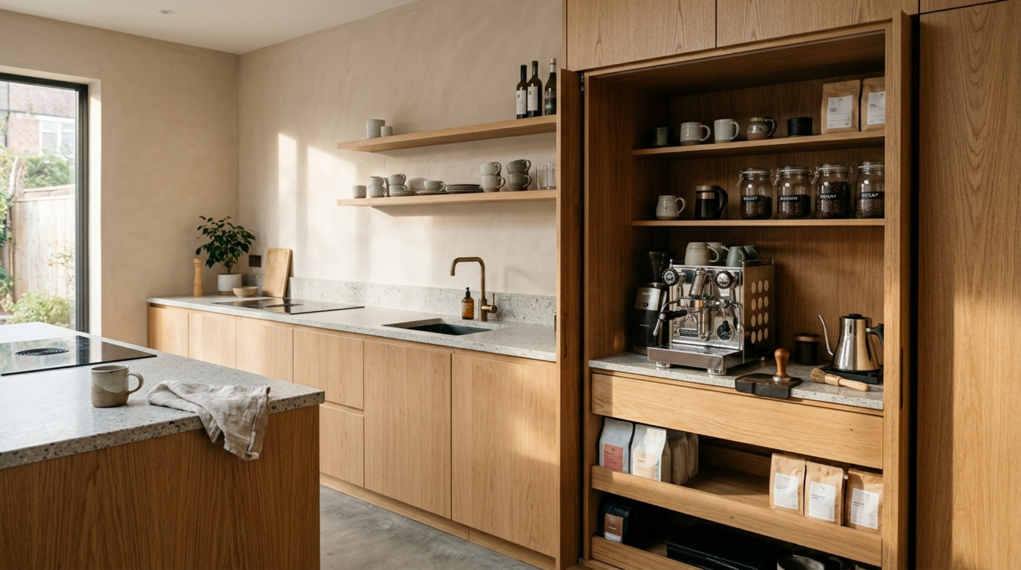 Bespoke storage solutions featuring a hidden walk-in pantry with pocket doors and integrated 2700K LED task lighting in a minimalist kitchen. Bespoke storage solutions featuring a hidden walk-in pantry with pocket doors and integrated 2700K LED task lighting in a minimalist kitchen.