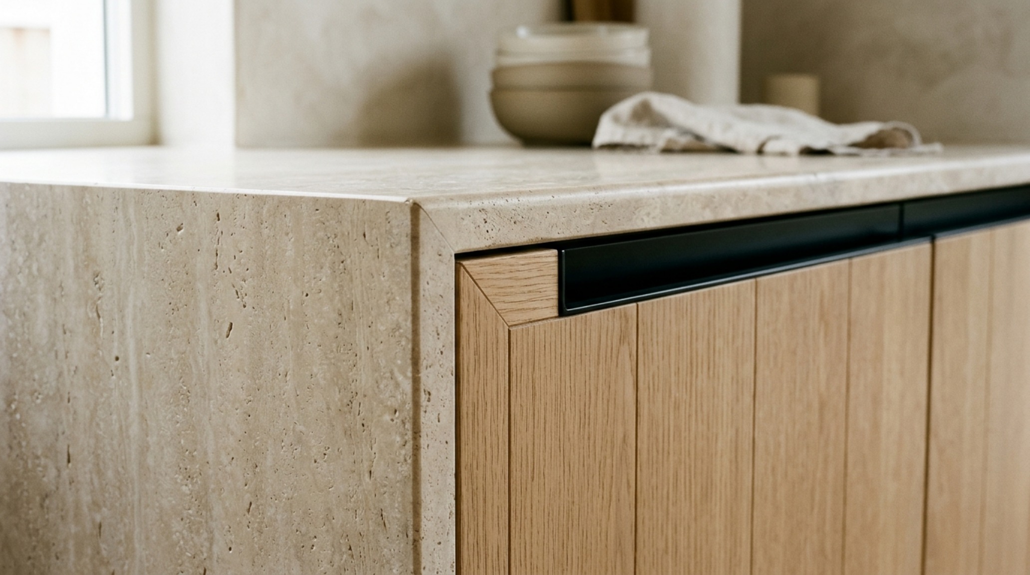 Mixed material cabinetry showcasing the intersection of honed travertine countertops and rift-sawn walnut panels with precision 3mm reveals. Mixed material cabinetry showcasing the intersection of honed travertine countertops and rift-sawn walnut panels with precision 3mm reveals.