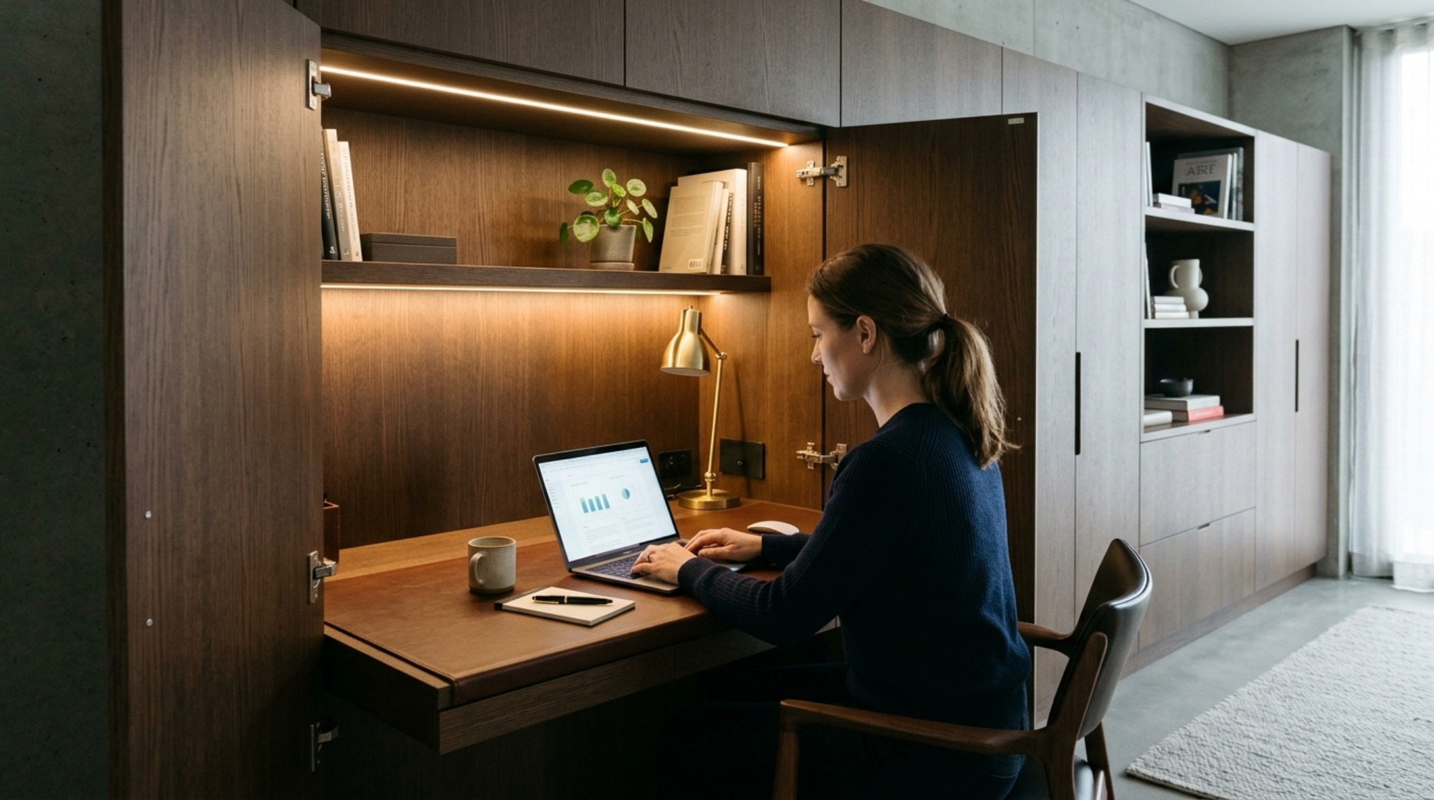 Custom furniture storage in a home office setting, featuring a leather-lined fold-down desk and concealed cable management systems. Custom furniture storage in a home office setting, featuring a leather-lined fold-down desk and concealed cable management systems.