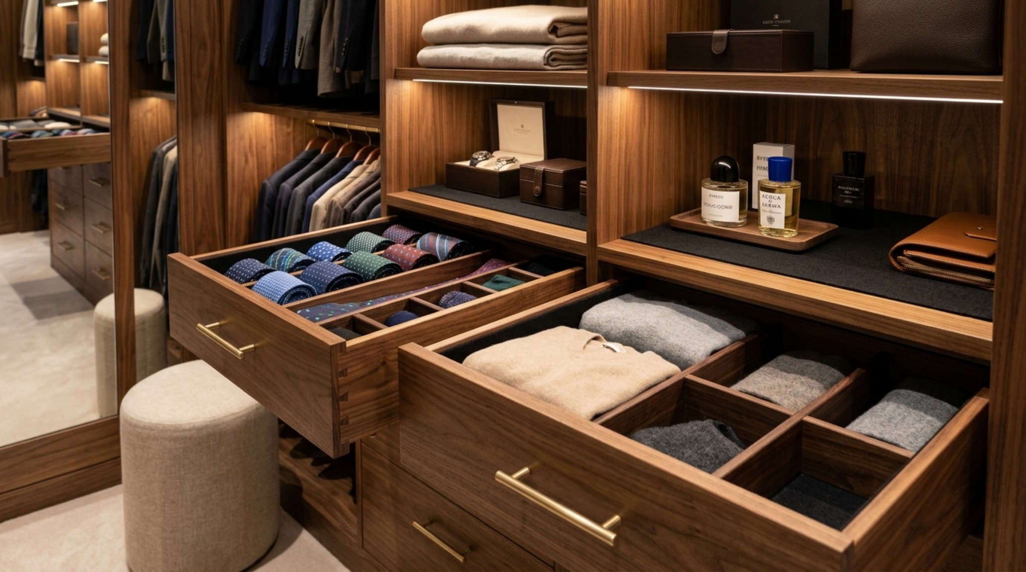 Bespoke storage solutions for a luxury wardrobe with velvet-lined drawers, burnished brass hardware, and integrated motion-sensor lighting. Bespoke storage solutions for a luxury wardrobe with velvet-lined drawers, burnished brass hardware, and integrated motion-sensor lighting.