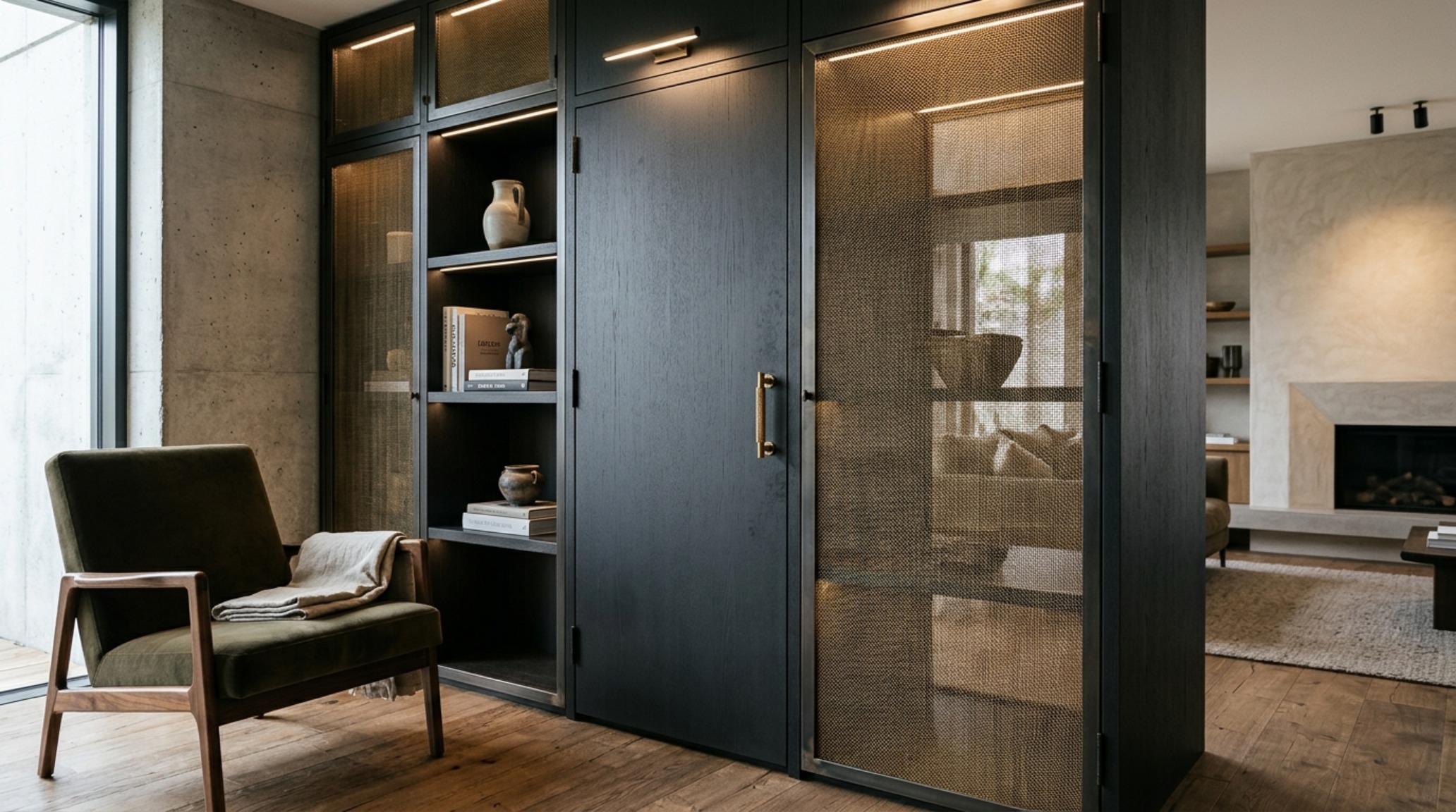 Mixed material cabinetry in a formal dining room, blending dark slate charcoal panels with brushed bronze mesh inserts for a textured facade. Mixed material cabinetry in a formal dining room, blending dark slate charcoal panels with brushed bronze mesh inserts for a textured facade.