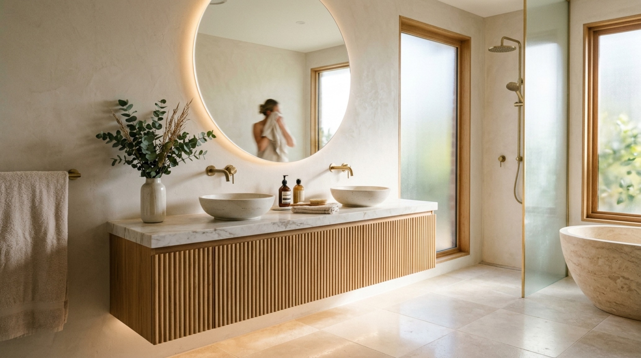 Fluted wood joinery detail on a floating bathroom vanity with a seamless transition to a vessel sink and wall-mounted brass faucets. Fluted wood joinery detail on a floating bathroom vanity with a seamless transition to a vessel sink and wall-mounted brass faucets.