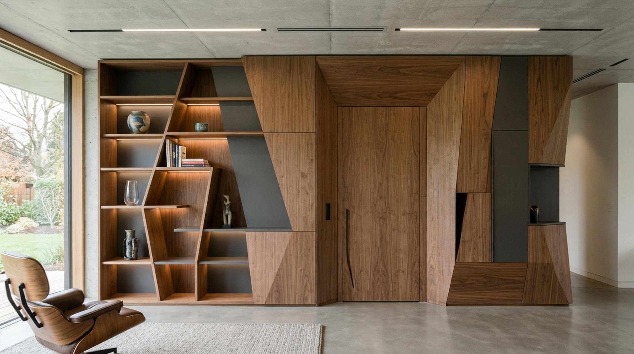 Avant-garde millwork used as a room divider, featuring open shelving for curated ceramics and hidden cupboards for media equipment. Avant-garde millwork used as a room divider, featuring open shelving for curated ceramics and hidden cupboards for media equipment.