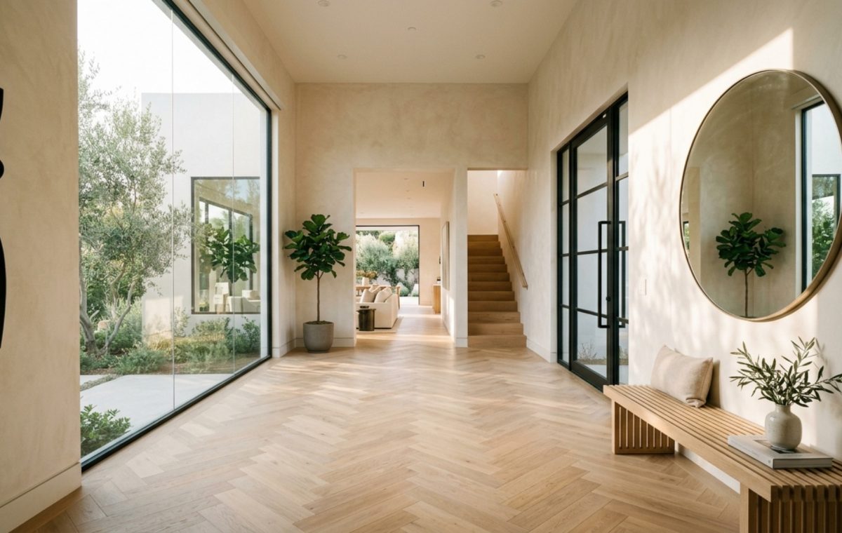 Intuitive home ergonomics showcased in a minimalist foyer with 10-foot ceilings and a custom white oak console table.