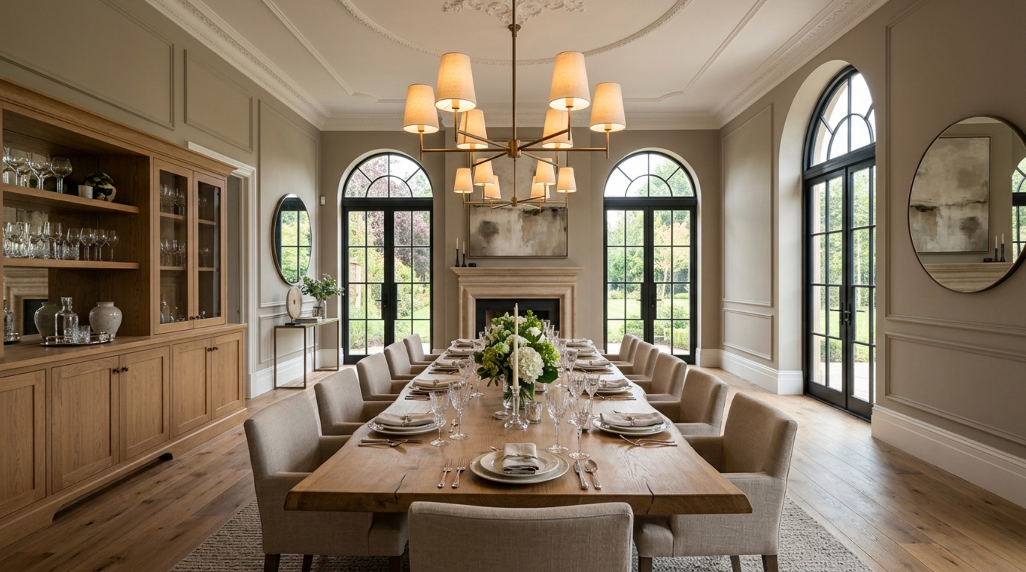 Scaling residential grandeur in a contemporary dining room with a 12-foot custom oak table and 30-inch chair clearances.