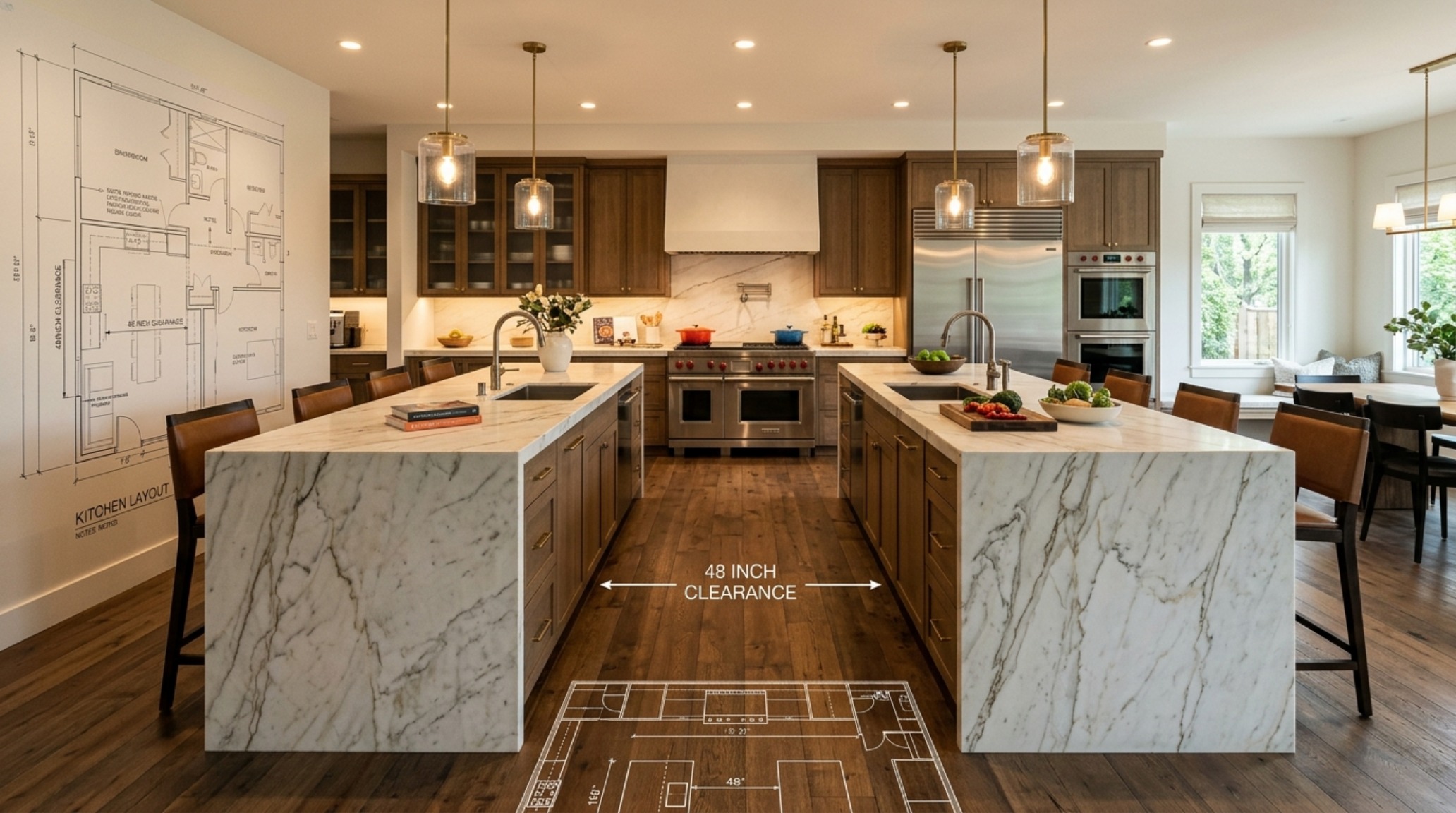 Modern luxury house blueprints come to life in this open-concept kitchen featuring 48-inch task zones and Calacatta marble islands.