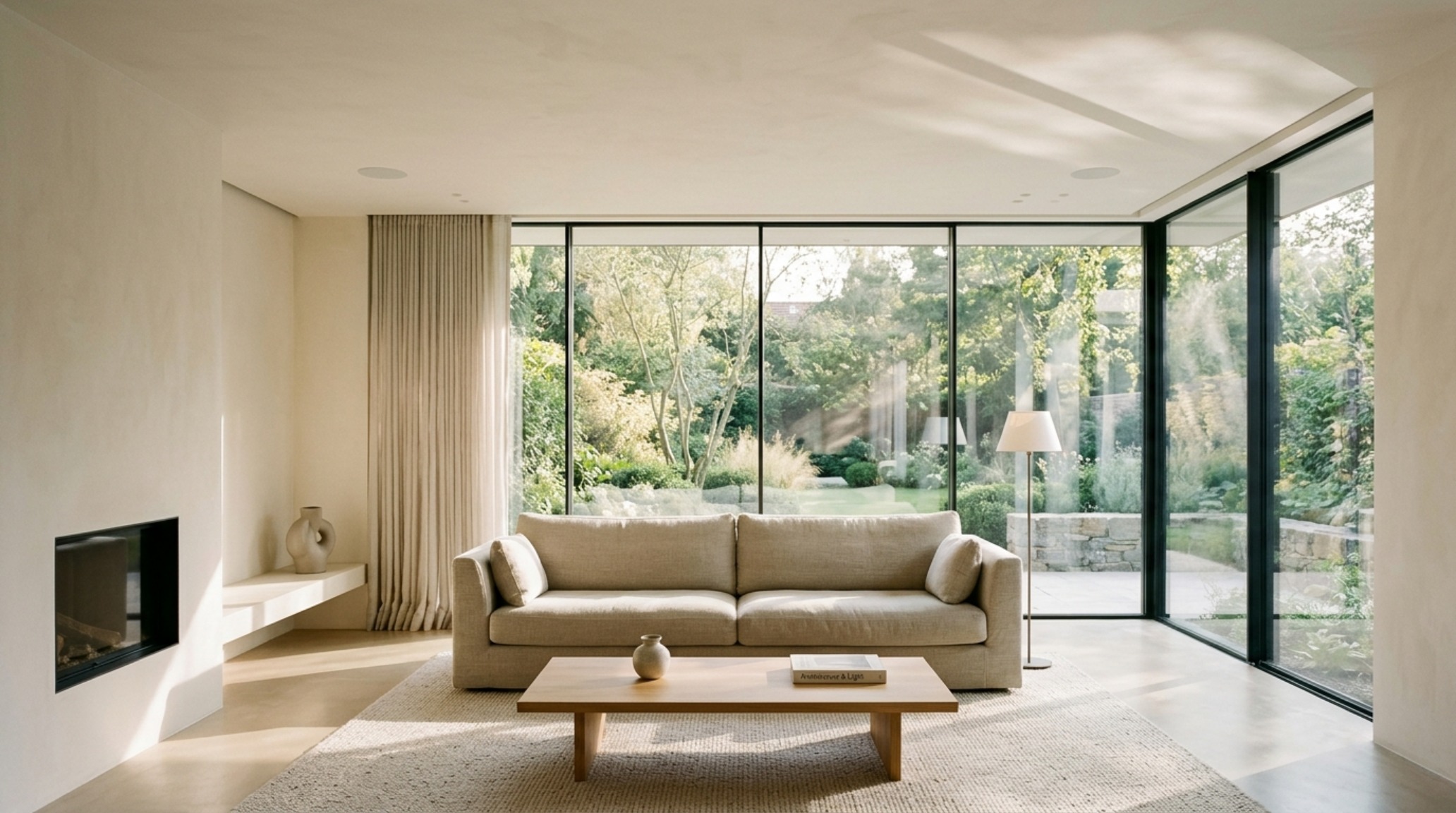 Smart home architectural integration featuring invisible ceiling speakers and automated linen drapes in a neutral-toned living room.