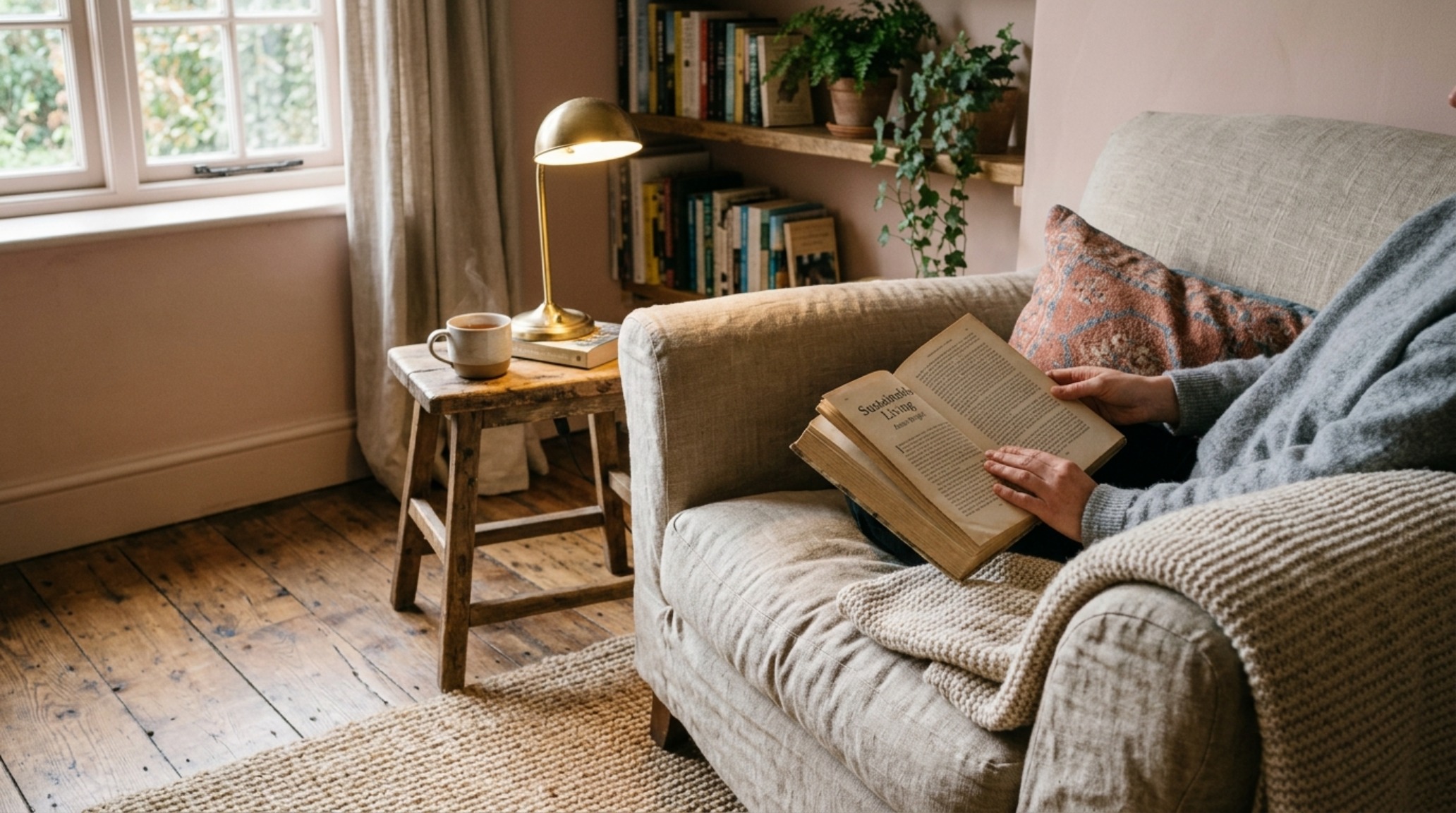 Sustainable estate design highlighting reclaimed heart pine flooring and lime-wash walls in a sun-drenched reading nook.