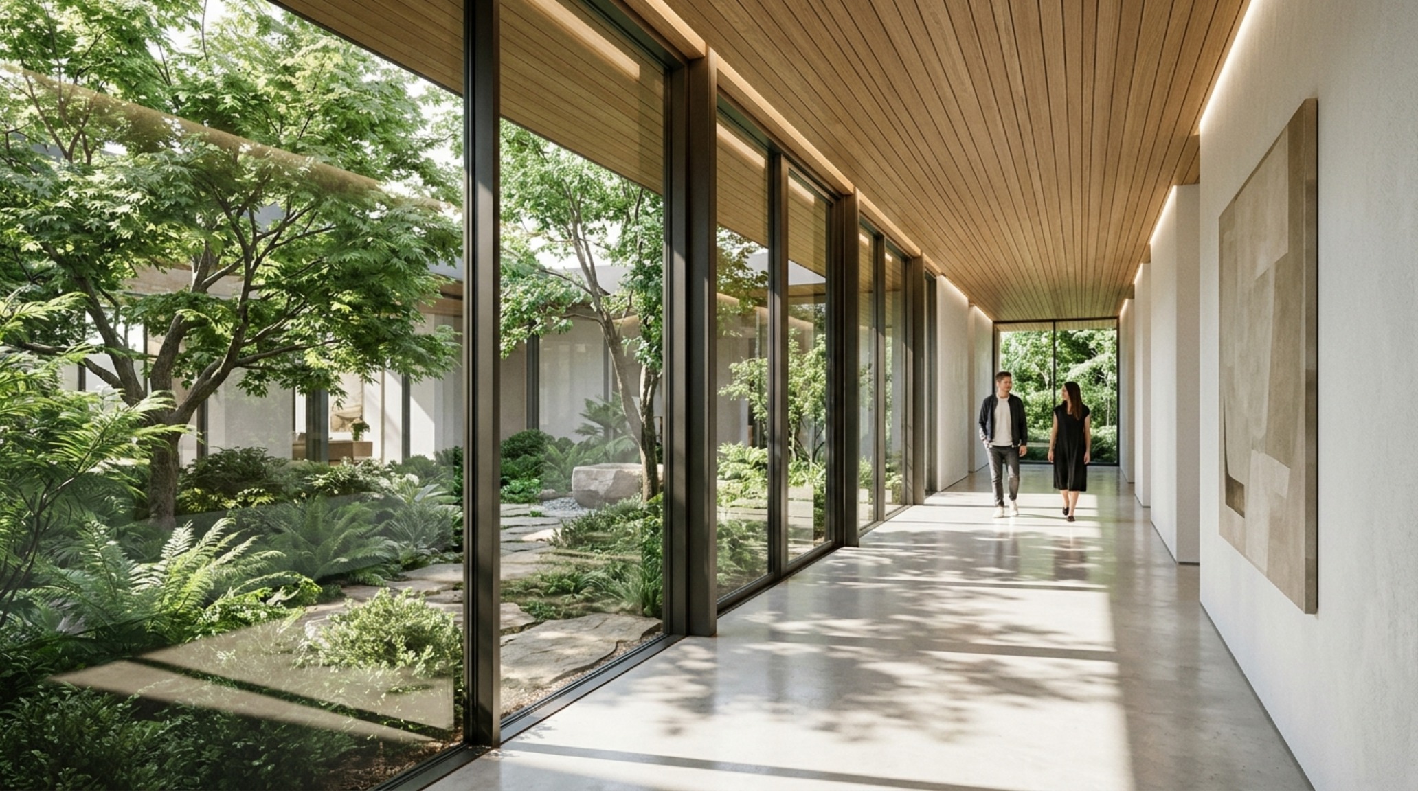 Scaling residential grandeur with a double-height glass-walled gallery overlooking a private biophilic courtyard.