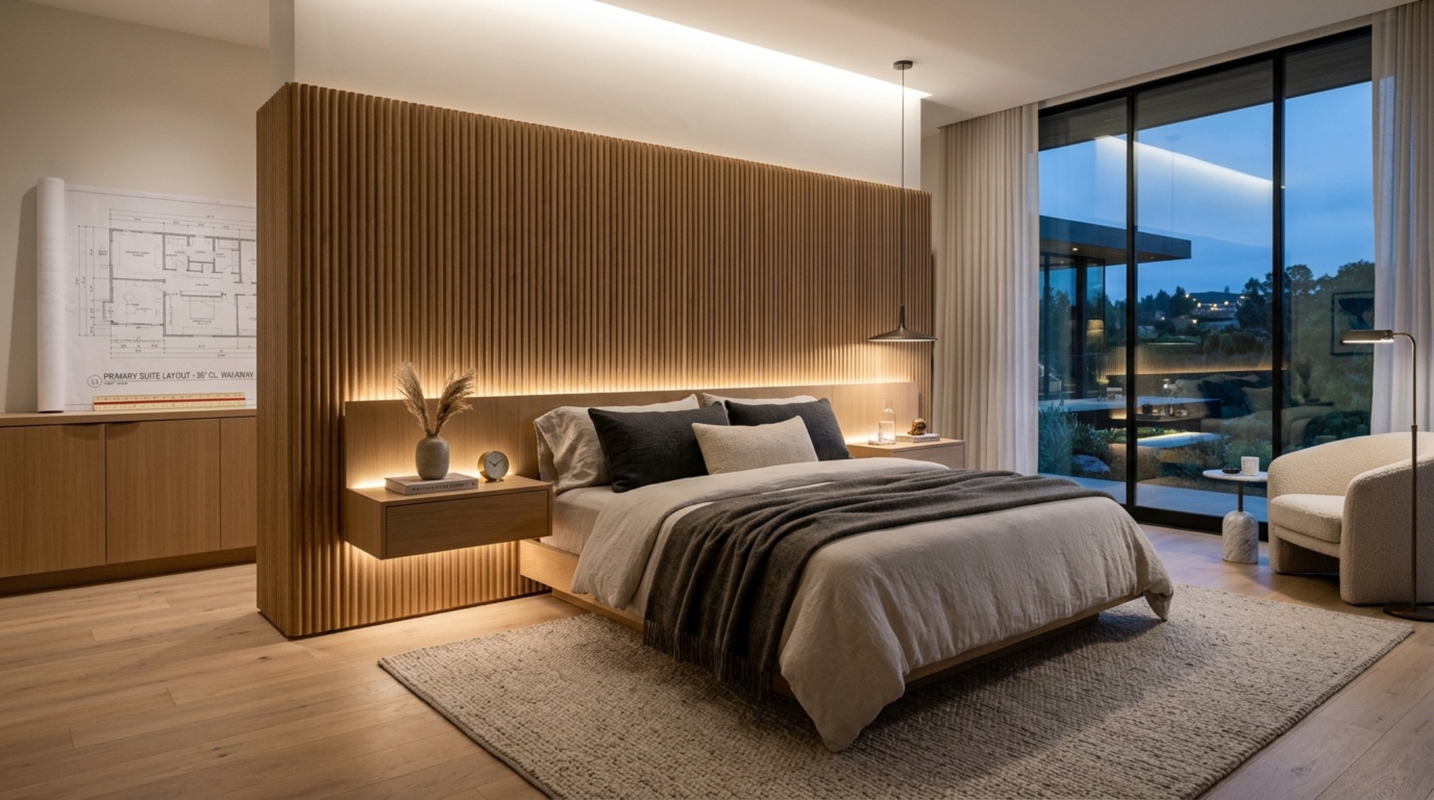 Modern luxury house blueprints featuring a master suite with a 36-inch circulation path and integrated fluted wood paneling.