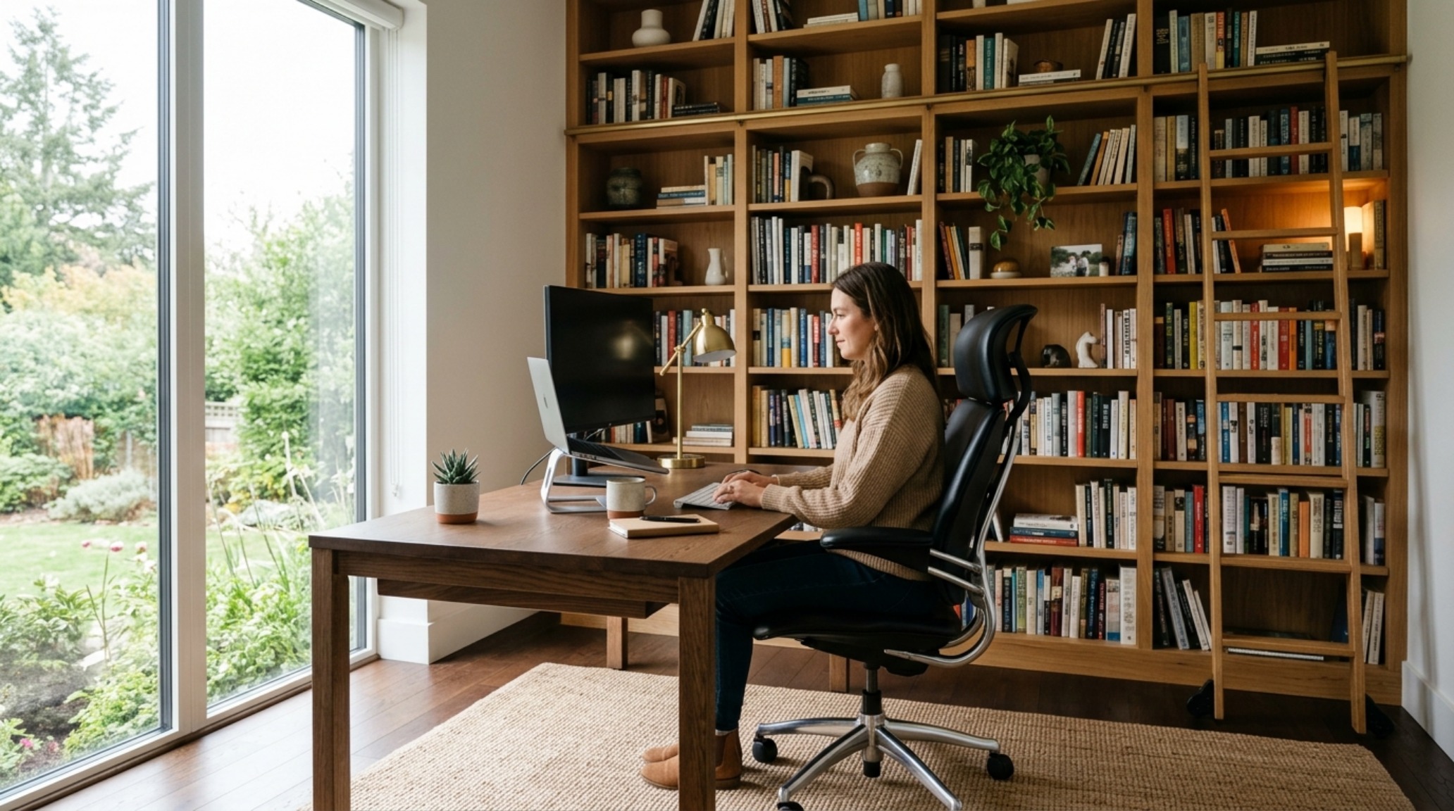 Intuitive home ergonomics in a home office design with a 30-inch clearance for leather swivel chairs and built-in task lighting.