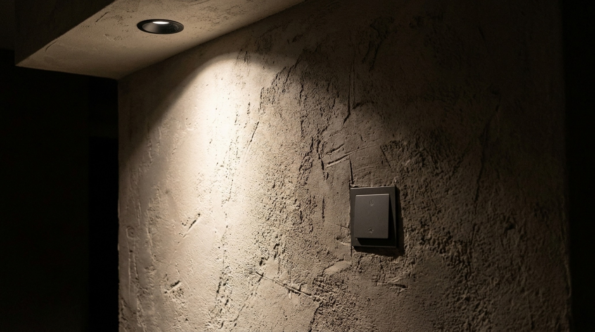 Smart home architectural integration using recessed magnetic track lighting to highlight a textured Venetian plaster wall.