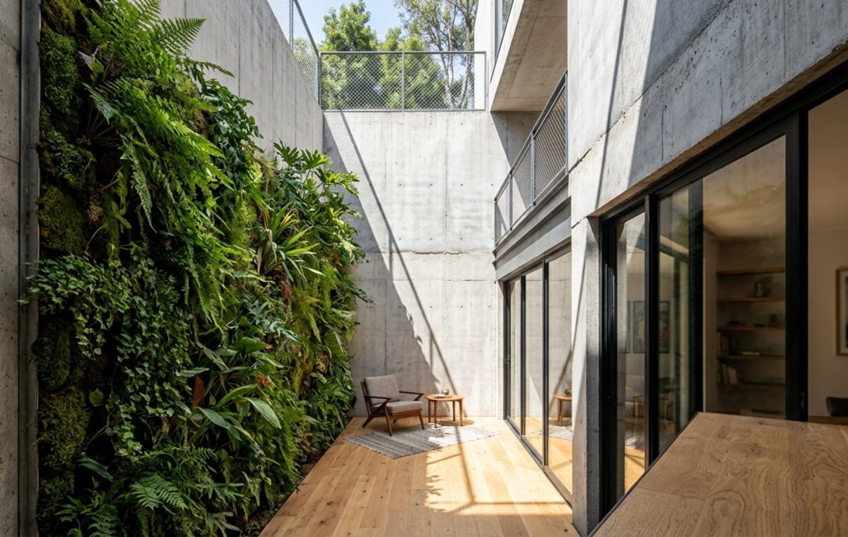 Lightwell design for basement homes featuring a multi-story glass atrium that floods a subterranean living room with natural 3000K sunlight and reflects off a polished concrete floor.
