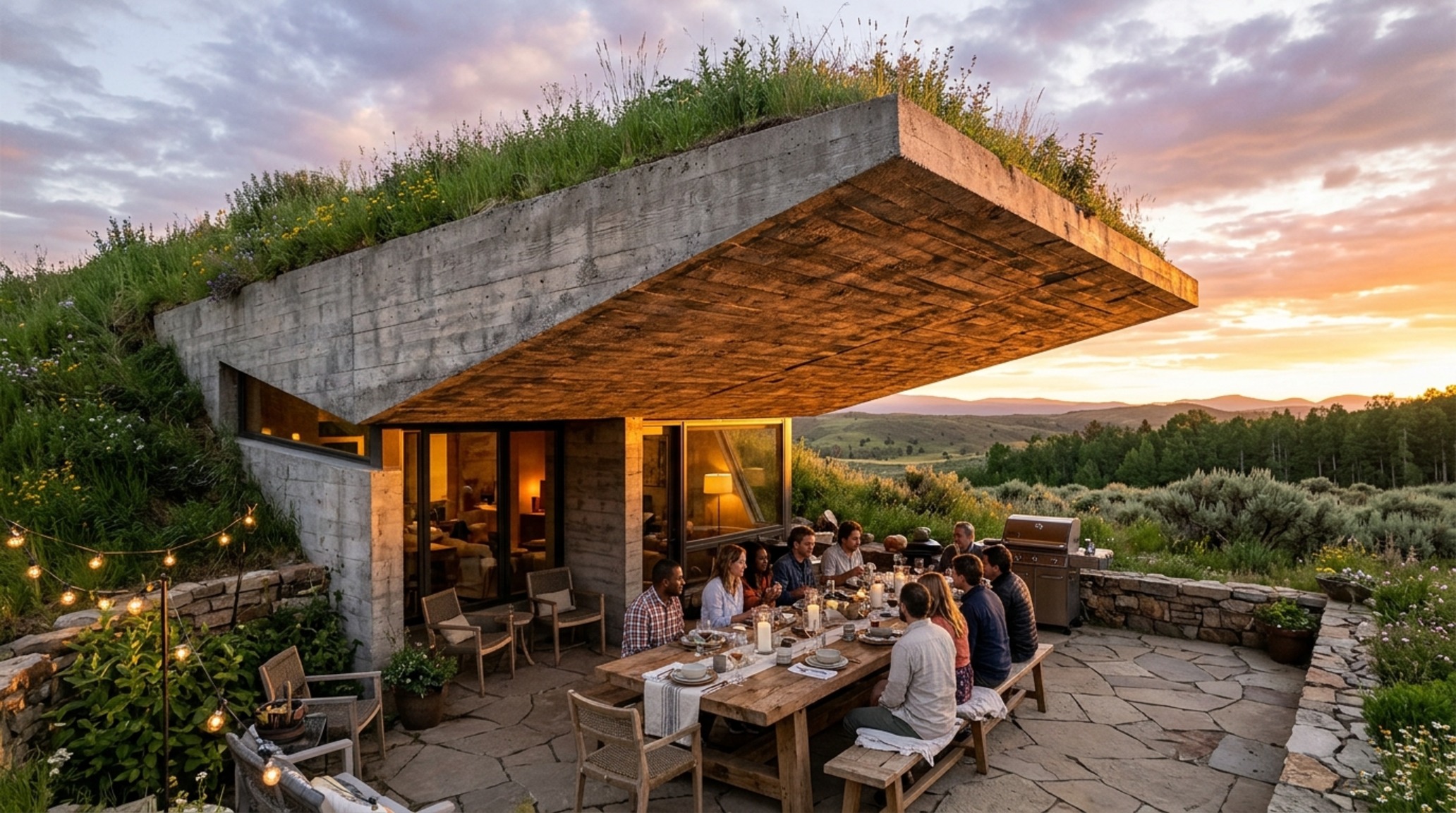 Earth berm home ideas in a brutalist style using textured board-form concrete and large glass panes to create a high-end retreat nestled into a wooded hillside.