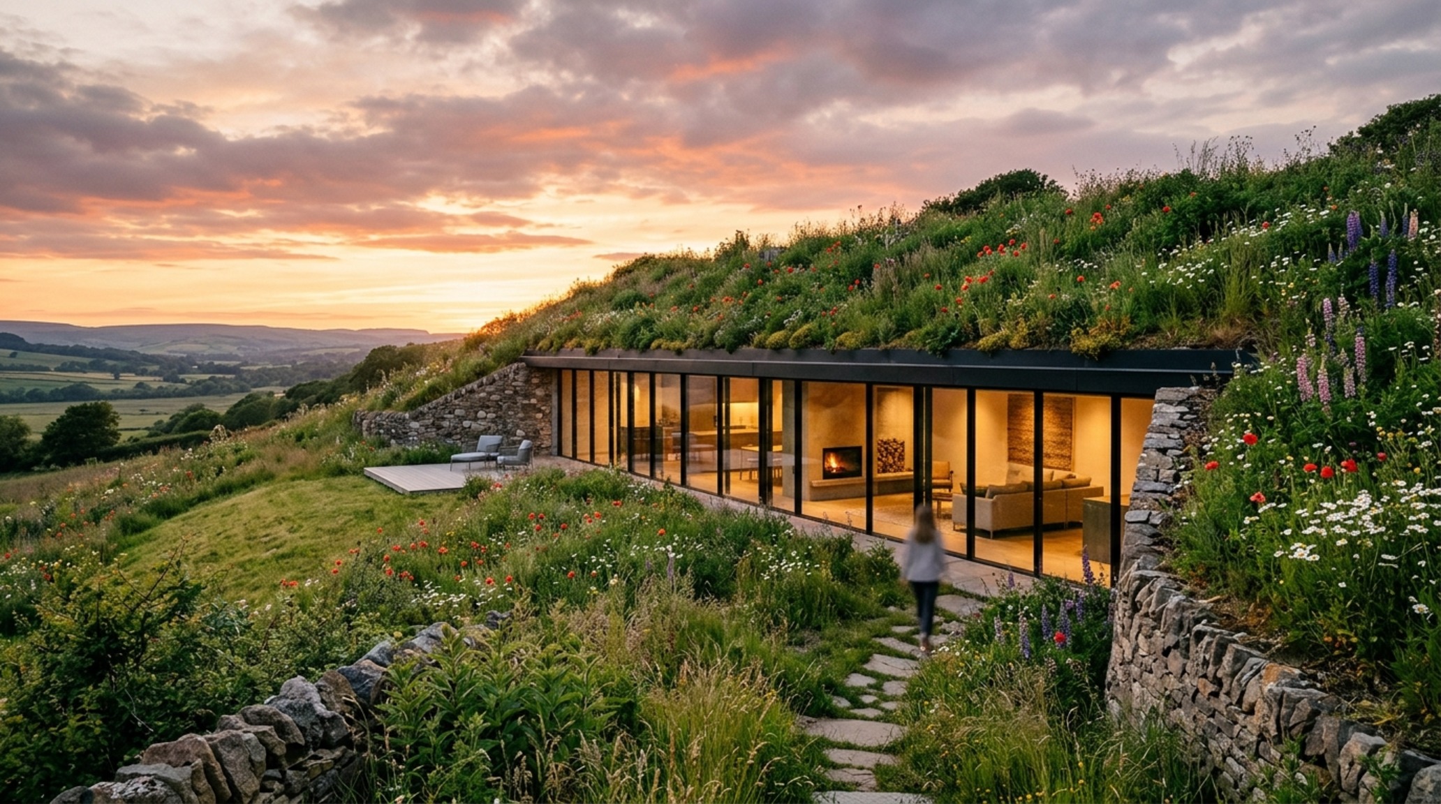 Earth berm home ideas showing a seamless integration of a grass-covered roof and massive structural timber beams with floor-to-ceiling windows overlooking a sunken garden.