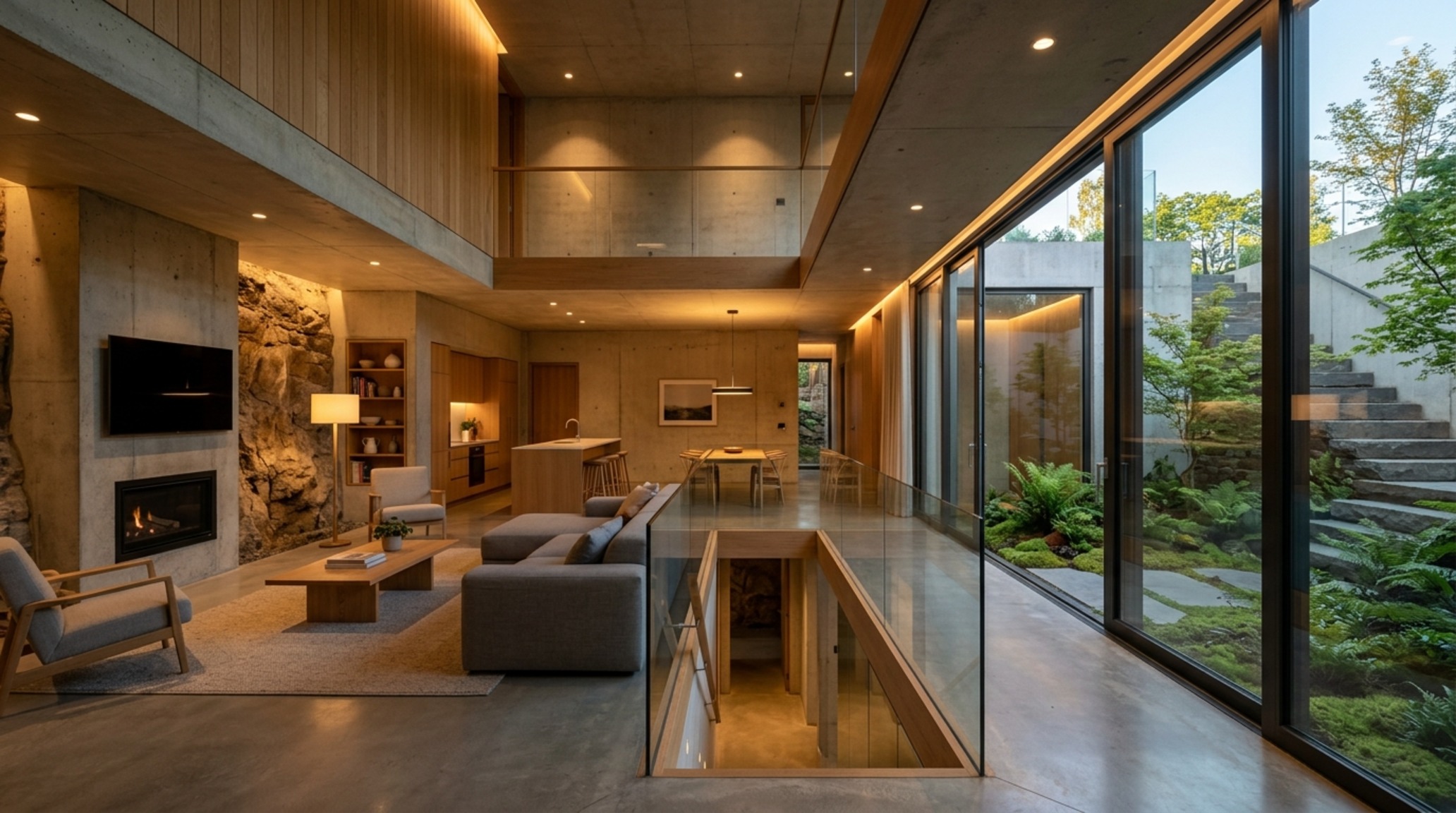 Modern underground house layout showcasing an open-plan kitchen and lounge with 36-inch wide circulation paths and a central floating steel staircase under a skylight.