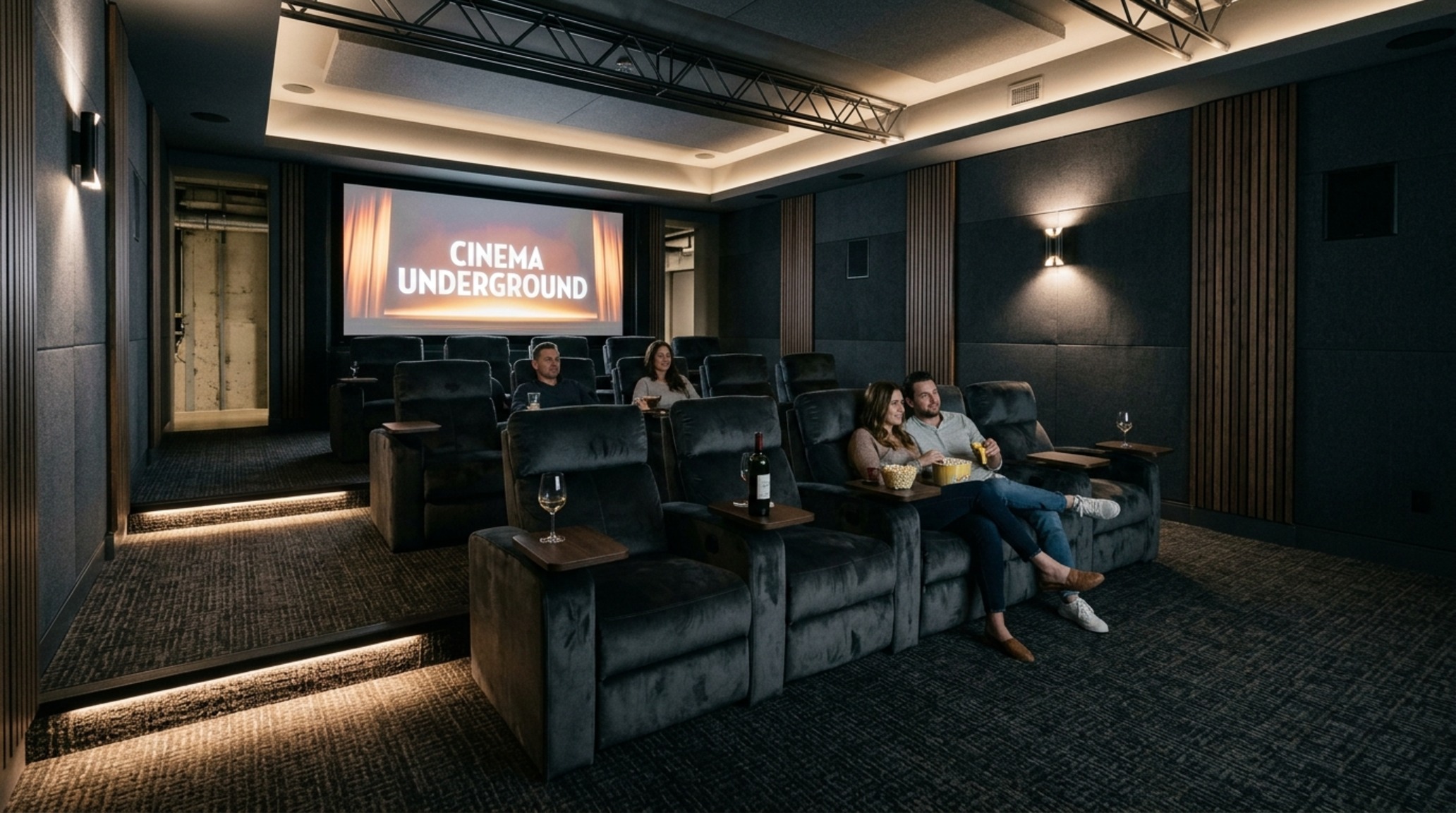 Luxurious underground bunker design of a private home cinema with acoustic felt paneling, recessed 2700K LED lighting, and ergonomic leather seating with 18-inch reach clearances.