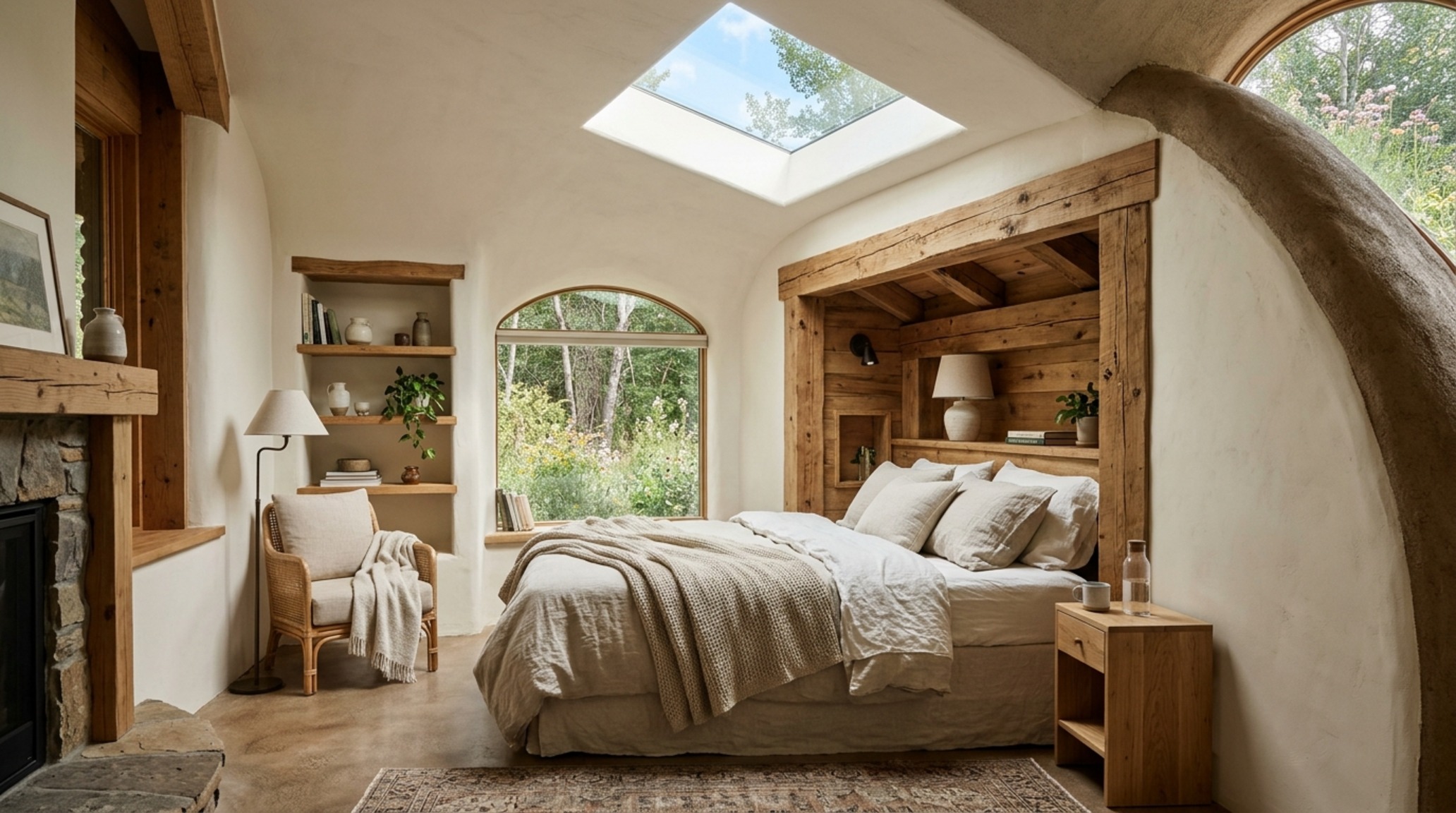 Earth berm home ideas showing a master bedroom partially encased in raw concrete with warm white oak flooring and a large egress window facing a private courtyard.