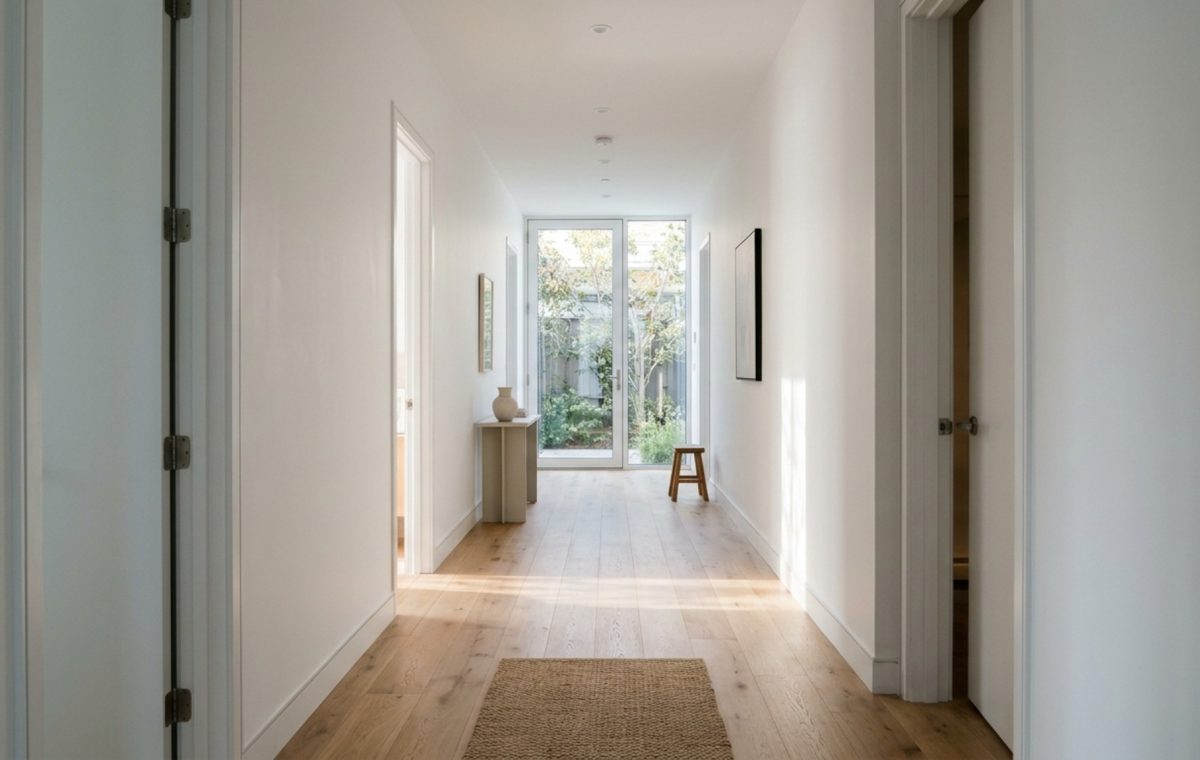 Residential spatial flow illustrated through a wide-angle view of a minimalist hallway with 36-inch clearances and natural oak flooring.