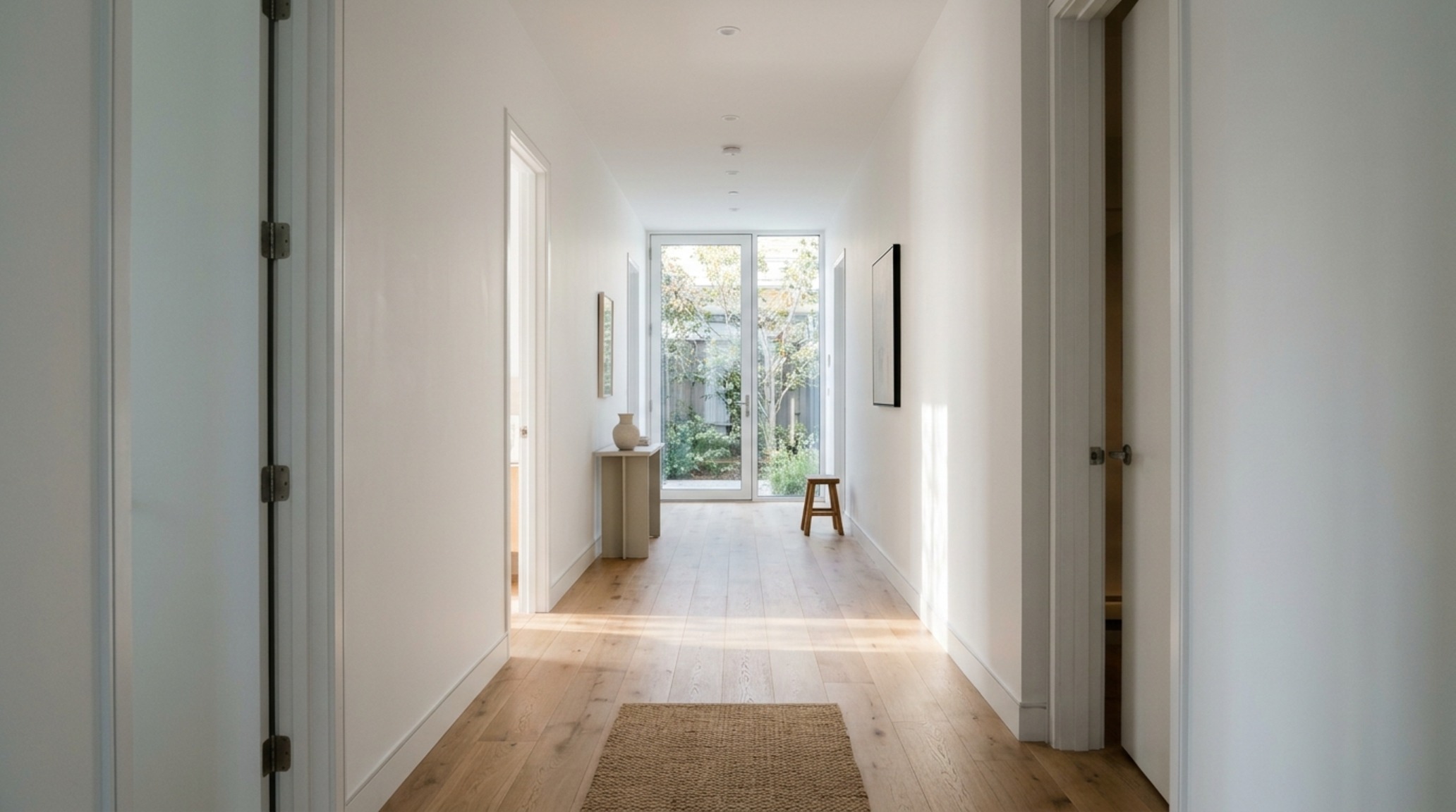 Residential spatial flow illustrated through a wide-angle view of a minimalist hallway with 36-inch clearances and natural oak flooring. Residential spatial flow illustrated through a wide-angle view of a minimalist hallway with 36-inch clearances and natural oak flooring.
