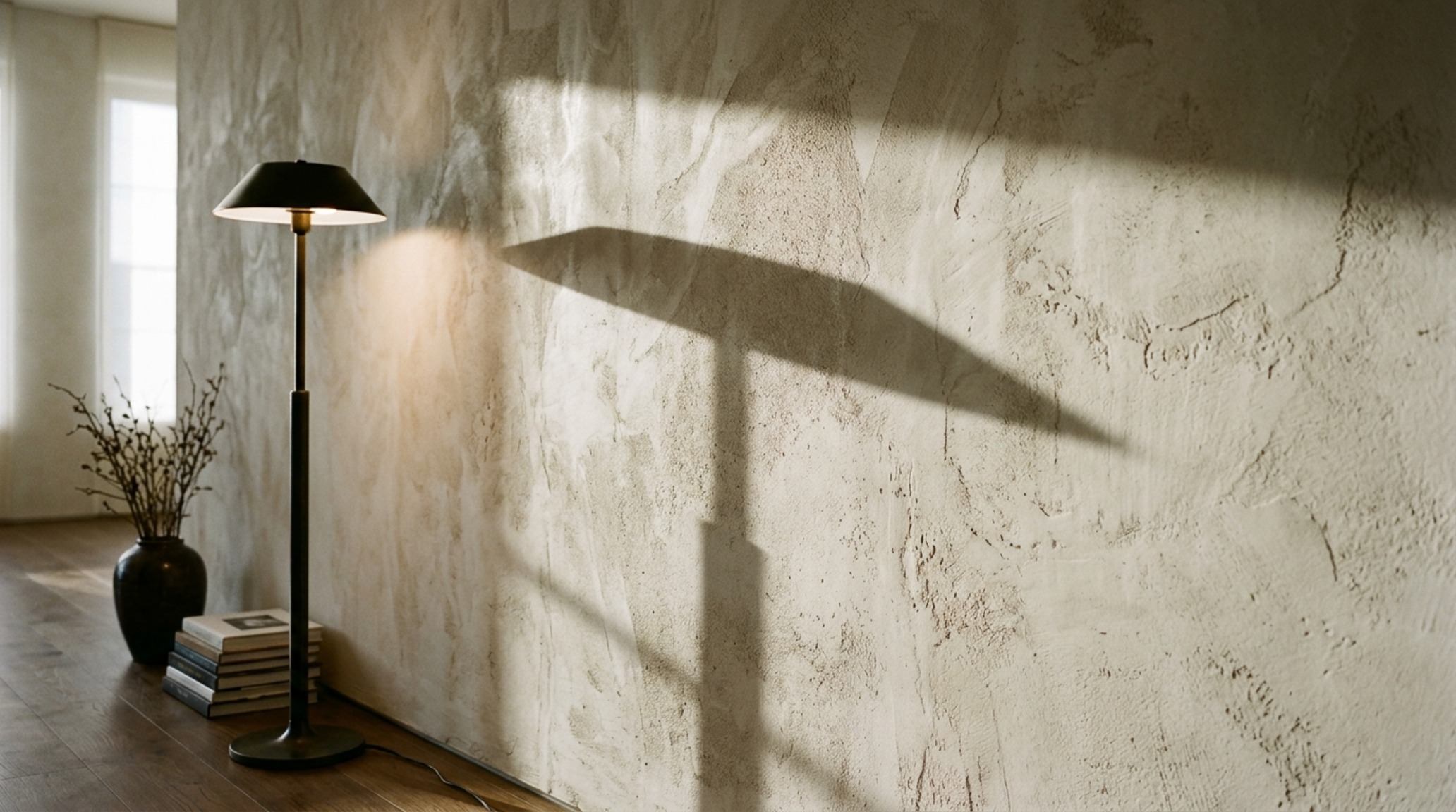 Architectural lighting continuity highlighting the tactile texture of a lime-wash plaster wall with directional spotlighting. Architectural lighting continuity highlighting the tactile texture of a lime-wash plaster wall with directional spotlighting.