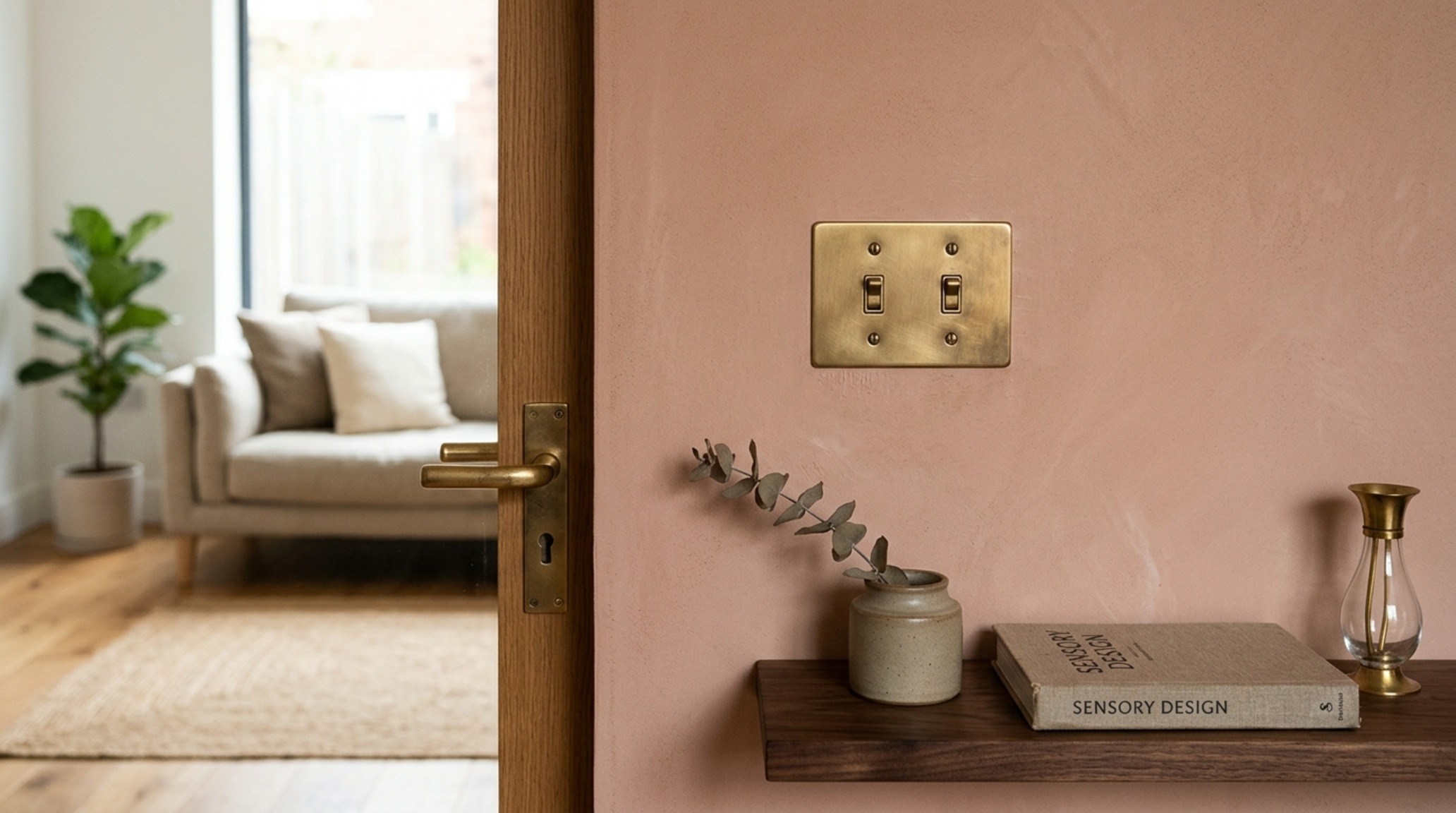 Human-scale design principles seen in the precise placement of custom brass hardware and light switches at intuitive heights. Human-scale design principles seen in the precise placement of custom brass hardware and light switches at intuitive heights.