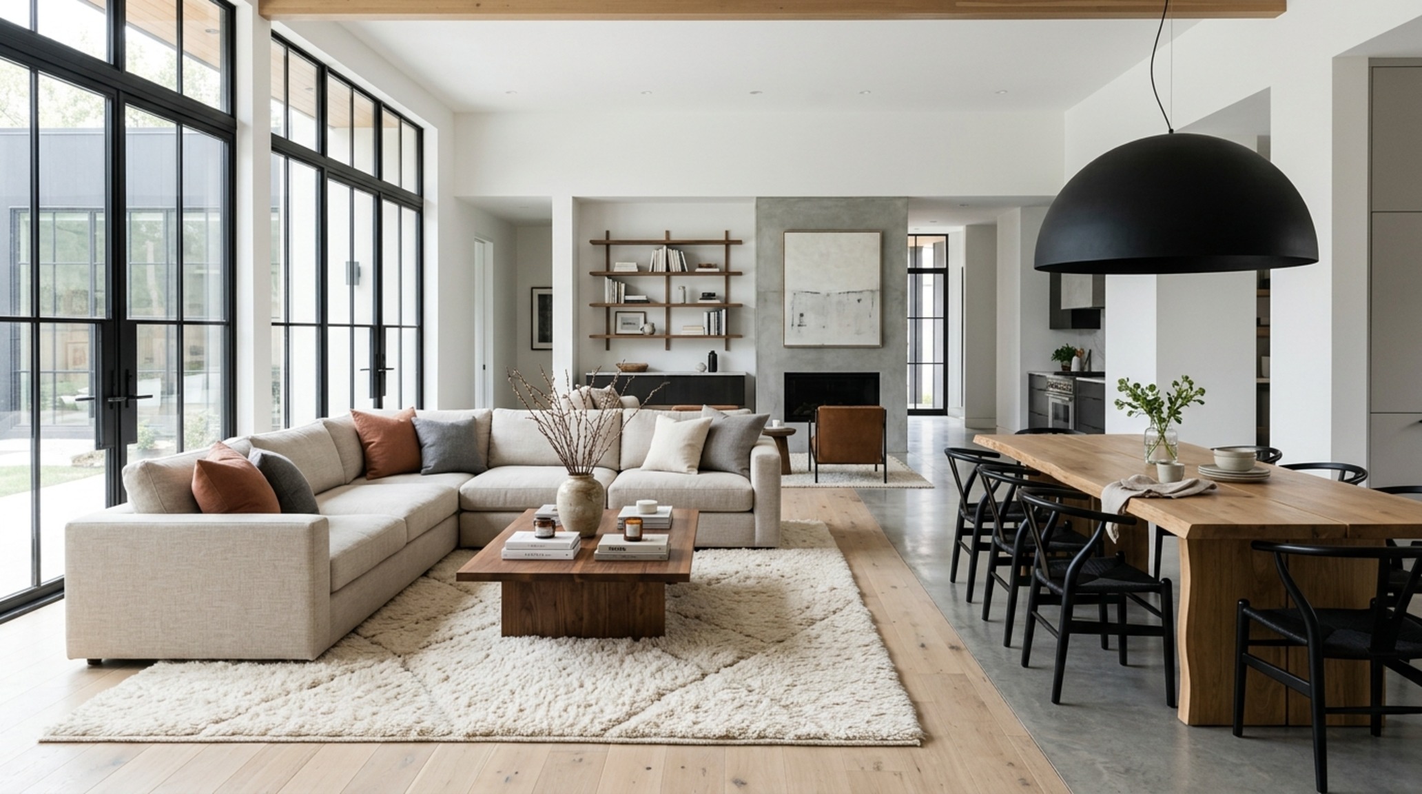 Open plan zoning techniques shown in a multi-functional living area using a large area rug and low-slung pendant lighting to define the dining space. Open plan zoning techniques shown in a multi-functional living area using a large area rug and low-slung pendant lighting to define the dining space.