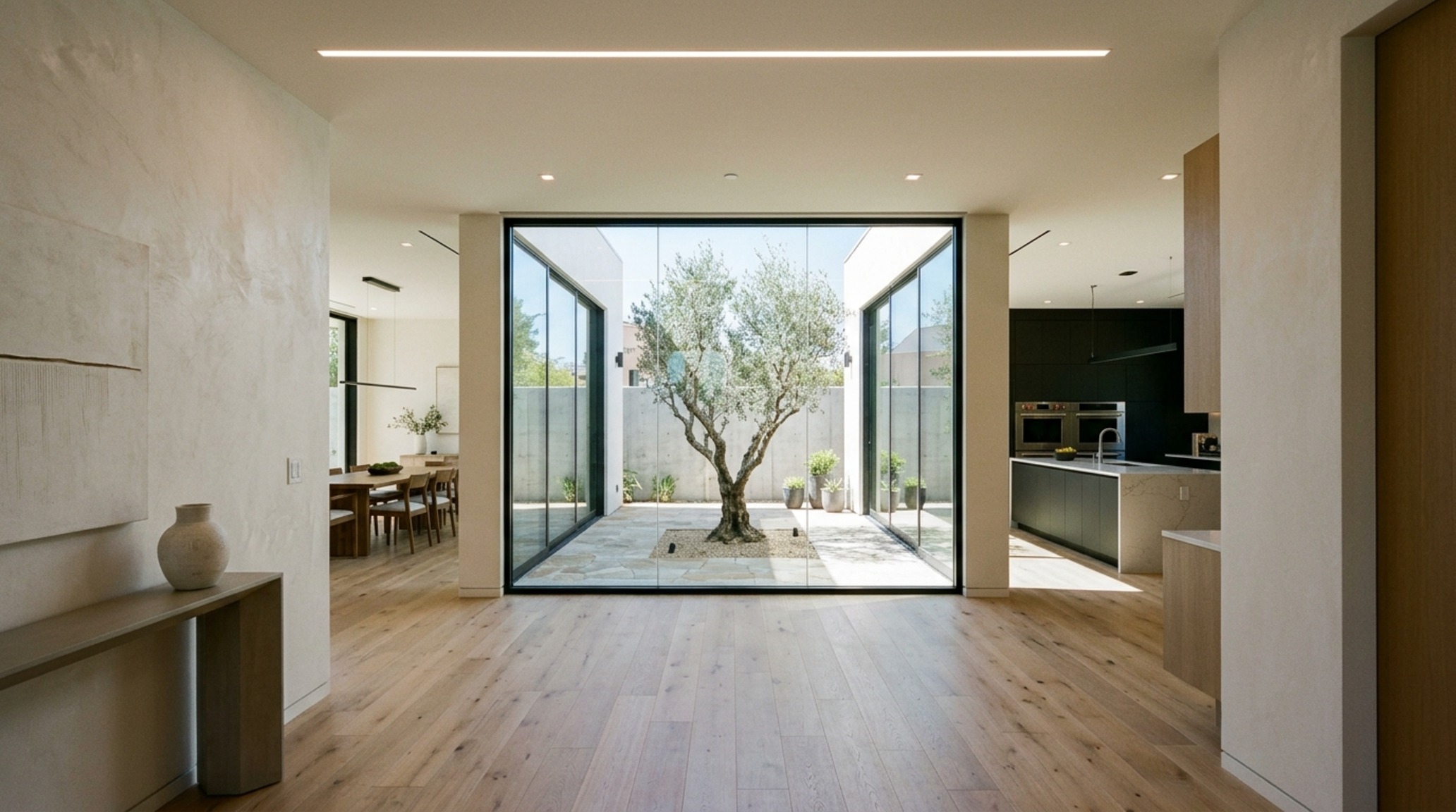 Modern house interior layout featuring an intentional sightline from the entryway directly to a floor-to-ceiling garden window. Modern house interior layout featuring an intentional sightline from the entryway directly to a floor-to-ceiling garden window.