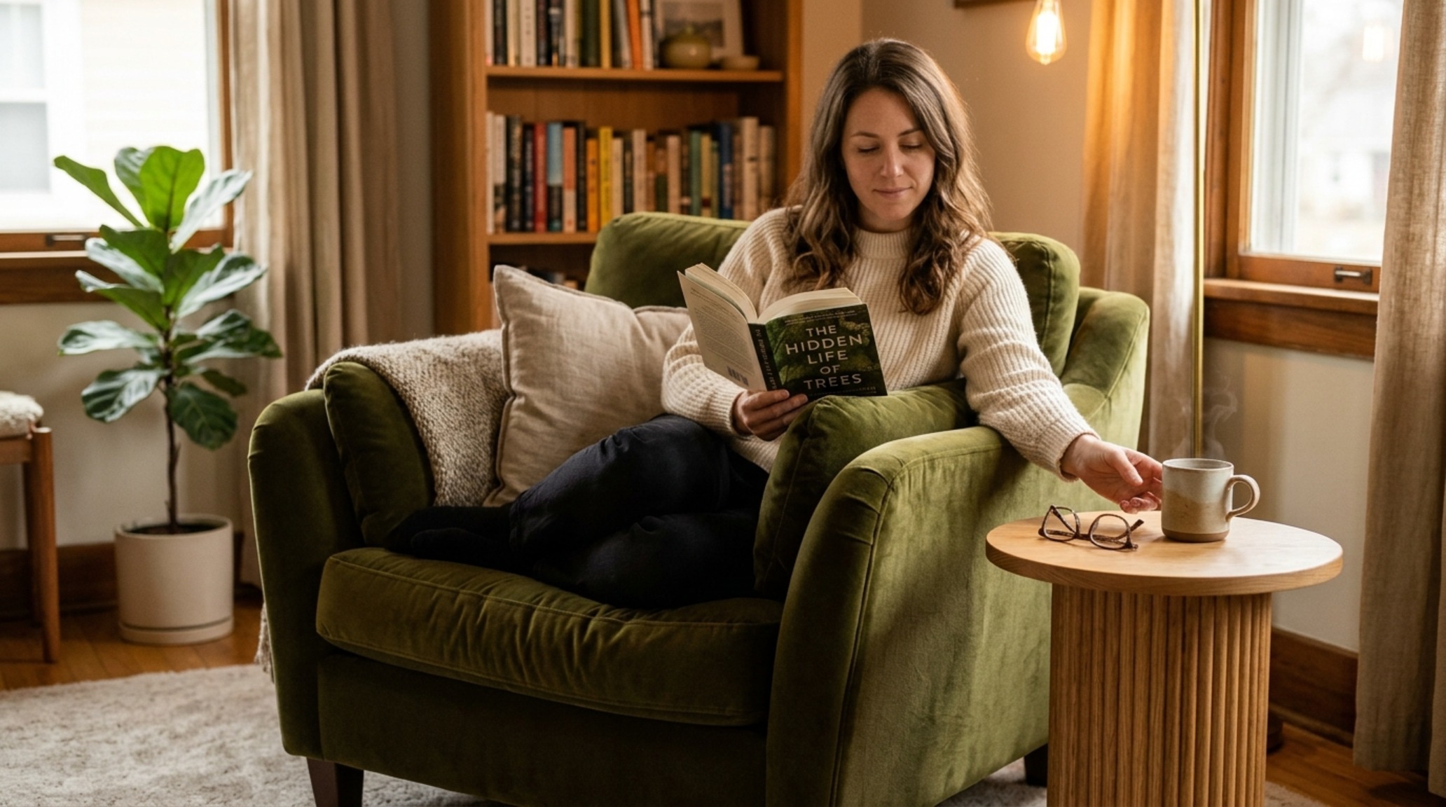 Human-scale design principles applied to a cozy reading nook with a 18-inch reach to a custom fluted wood side table. Human-scale design principles applied to a cozy reading nook with a 18-inch reach to a custom fluted wood side table.
