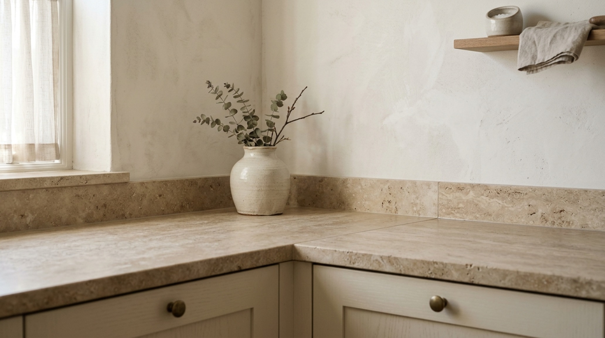 Cohesive home aesthetic strategy using a unified palette of Benjamin Moore Swiss Coffee walls and honed travertine stone accents. Cohesive home aesthetic strategy using a unified palette of Benjamin Moore Swiss Coffee walls and honed travertine stone accents.