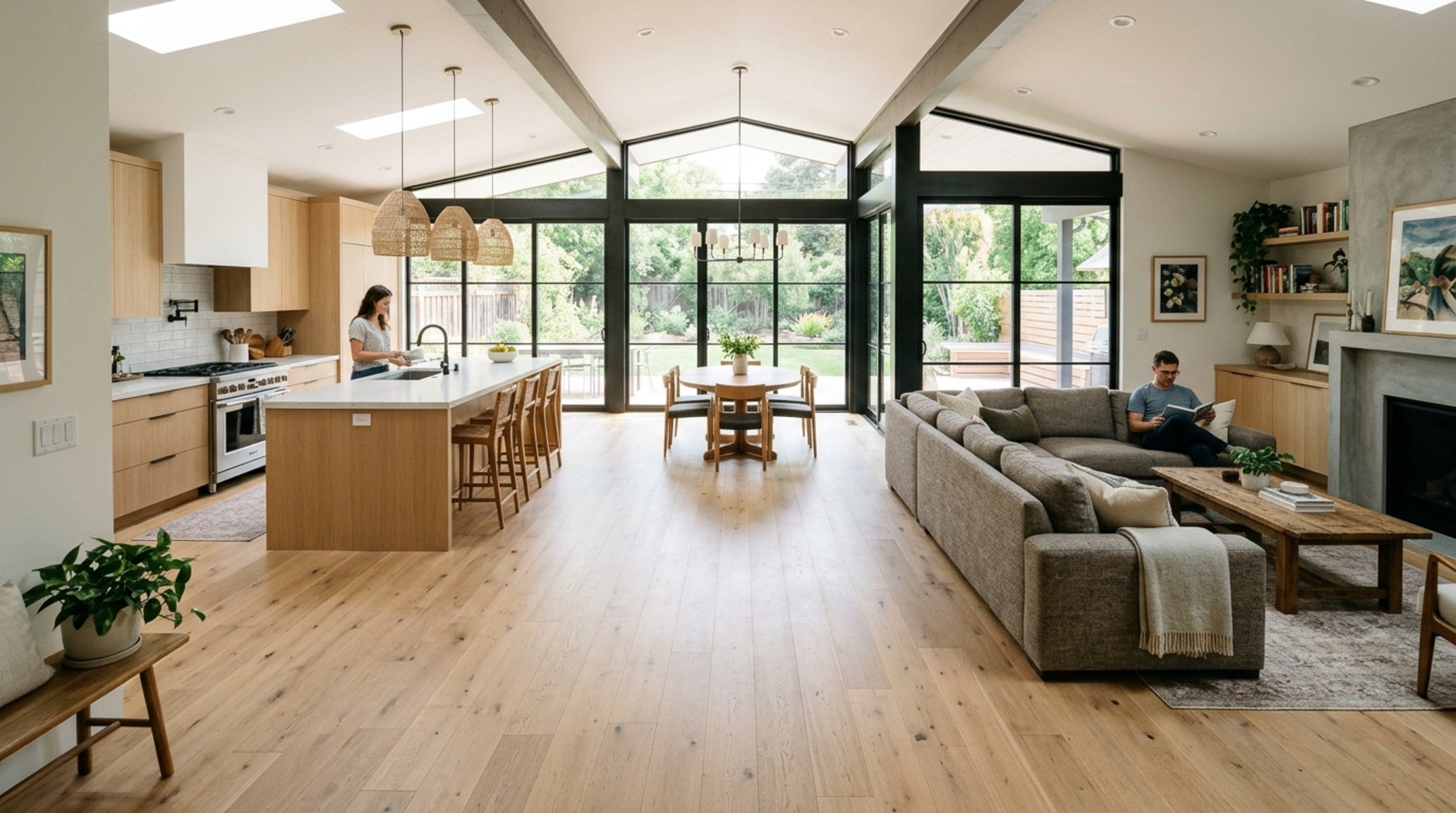 Modern house interior layout showcasing the transition between a high-traffic kitchen and a tranquil sunken living room. Modern house interior layout showcasing the transition between a high-traffic kitchen and a tranquil sunken living room.