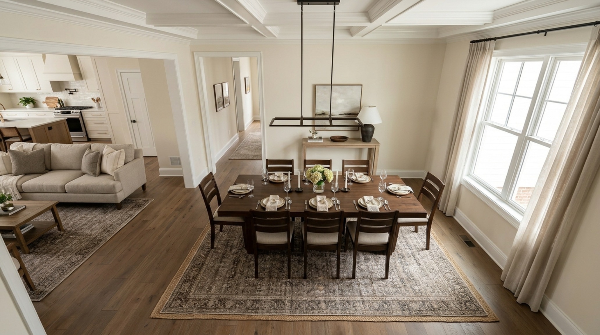 Residential spatial flow focusing on the ergonomic 30-inch clearance around a sculptural walnut dining table. Residential spatial flow focusing on the ergonomic 30-inch clearance around a sculptural walnut dining table.