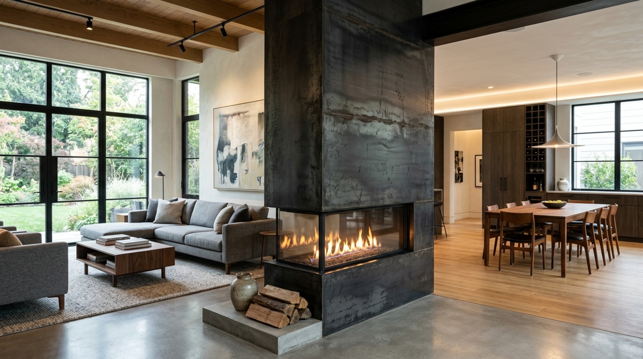 Open plan zoning techniques featuring a double-sided fireplace as a structural anchor between the lounge and the library. Open plan zoning techniques featuring a double-sided fireplace as a structural anchor between the lounge and the library.