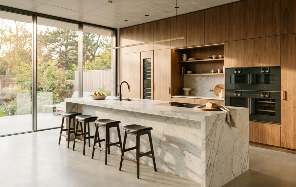 Minimalist kitchen layout ideas showcasing a seamless walnut cabinet wall and a parallel 48-inch deep stone island.