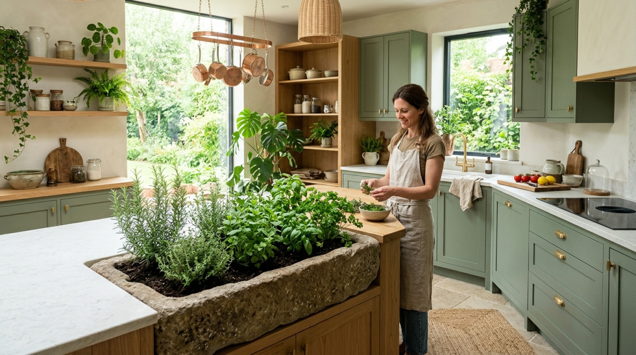 Biophilic kitchen color palettes using muted sage and sandstone tones to create a grounding, organic atmosphere in a modern style kitchen. Biophilic kitchen color palettes using muted sage and sandstone tones to create a grounding, organic atmosphere in a modern style kitchen.