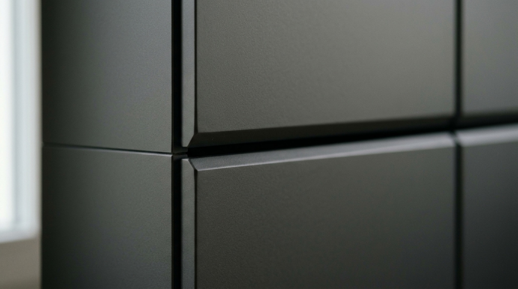 Handleless kitchen cabinetry benefits illustrated through a close-up of a matte charcoal finger-pull edge with warm internal LED lighting. Handleless kitchen cabinetry benefits illustrated through a close-up of a matte charcoal finger-pull edge with warm internal LED lighting.