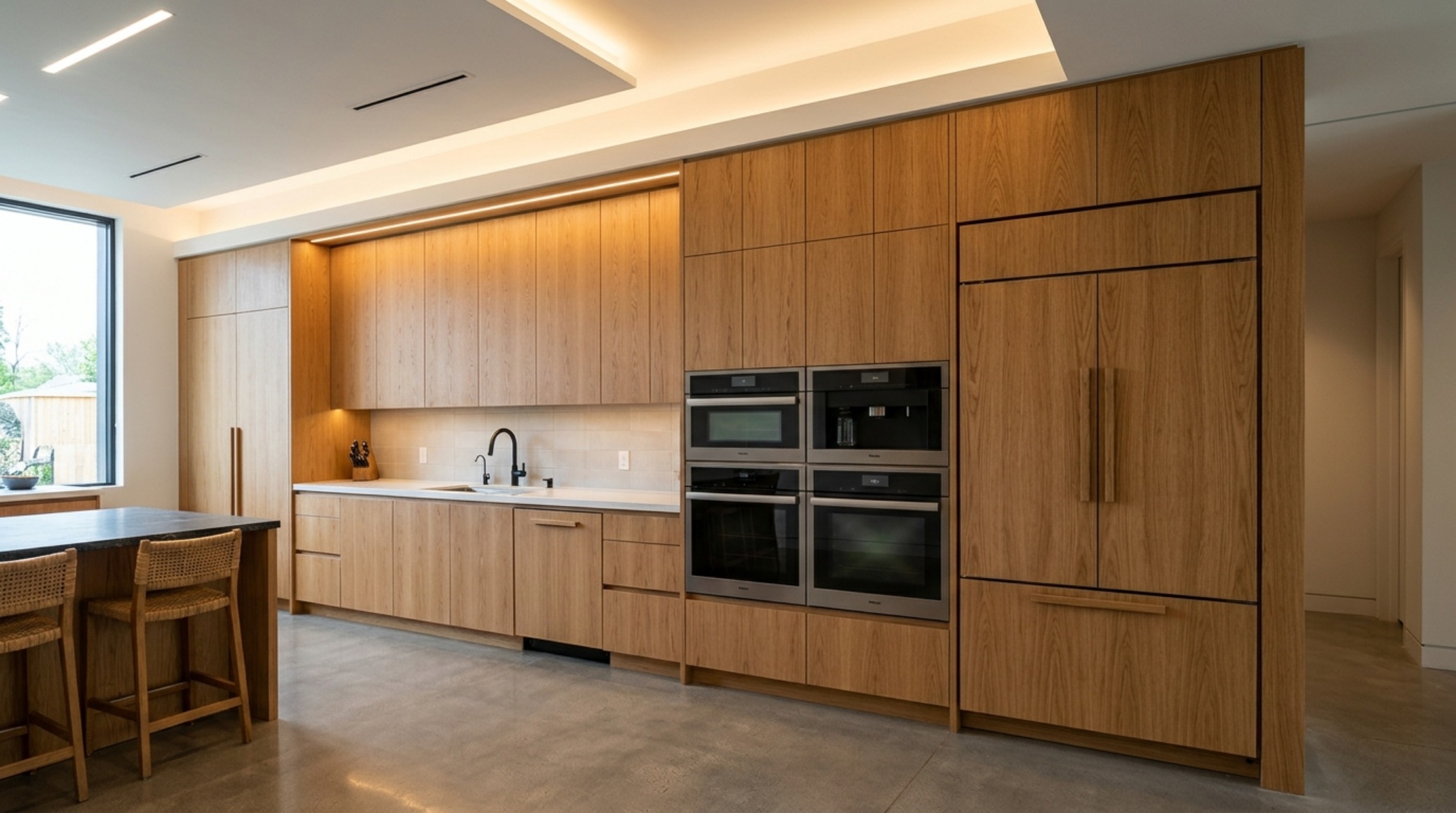 Integrated kitchen appliances guide featuring a paneled refrigerator that disappears perfectly into the floor-to-ceiling oak millwork. Integrated kitchen appliances guide featuring a paneled refrigerator that disappears perfectly into the floor-to-ceiling oak millwork.