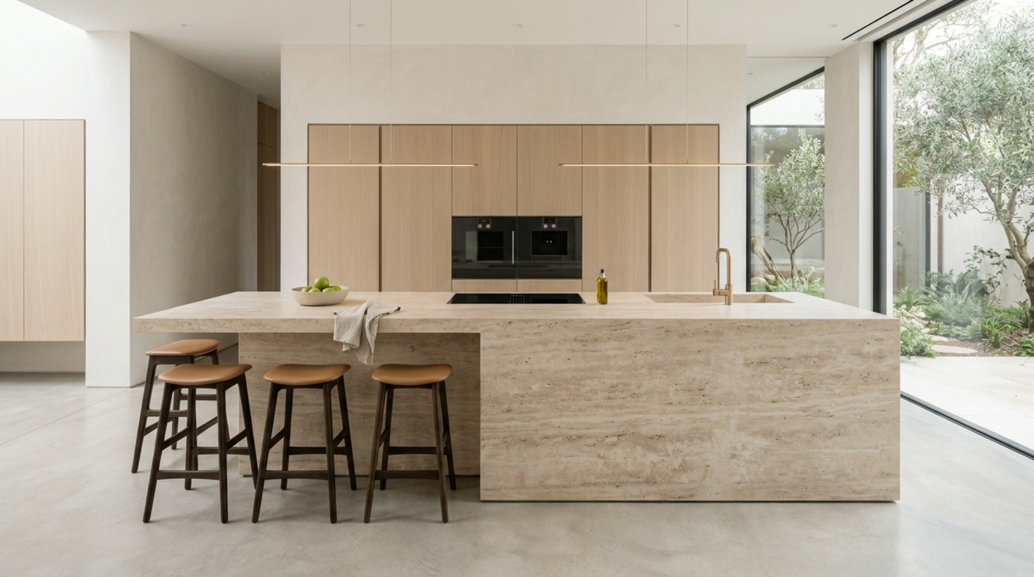 Contemporary kitchen island dimensions highlighted by a 10-foot honed quartzite monolith with 42-inch surrounding circulation space. Contemporary kitchen island dimensions highlighted by a 10-foot honed quartzite monolith with 42-inch surrounding circulation space.