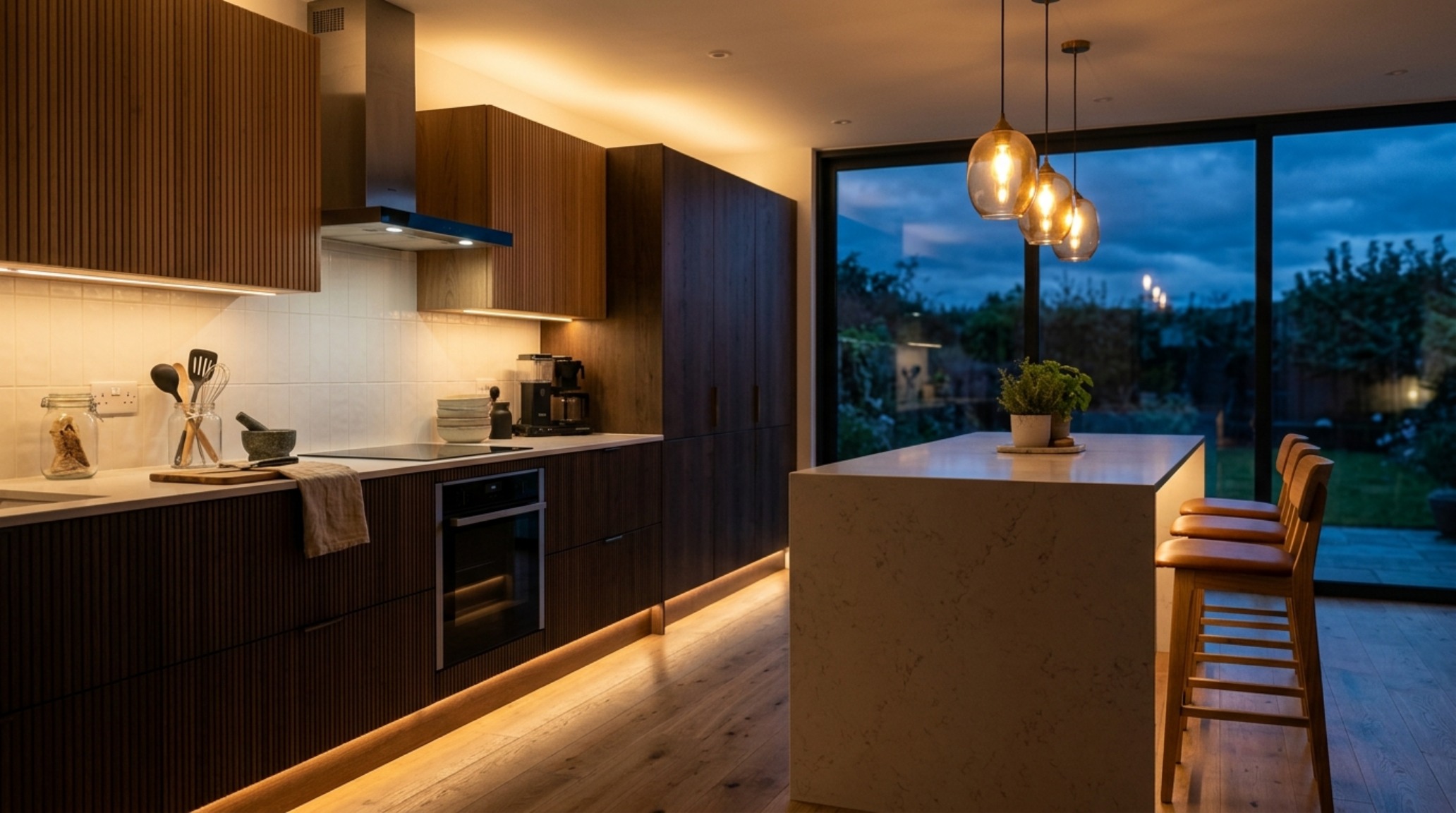 Warm modern kitchen design trends shown through a layered lighting scheme with 2700K ambient warmth and architectural linear task strips. Warm modern kitchen design trends shown through a layered lighting scheme with 2700K ambient warmth and architectural linear task strips.