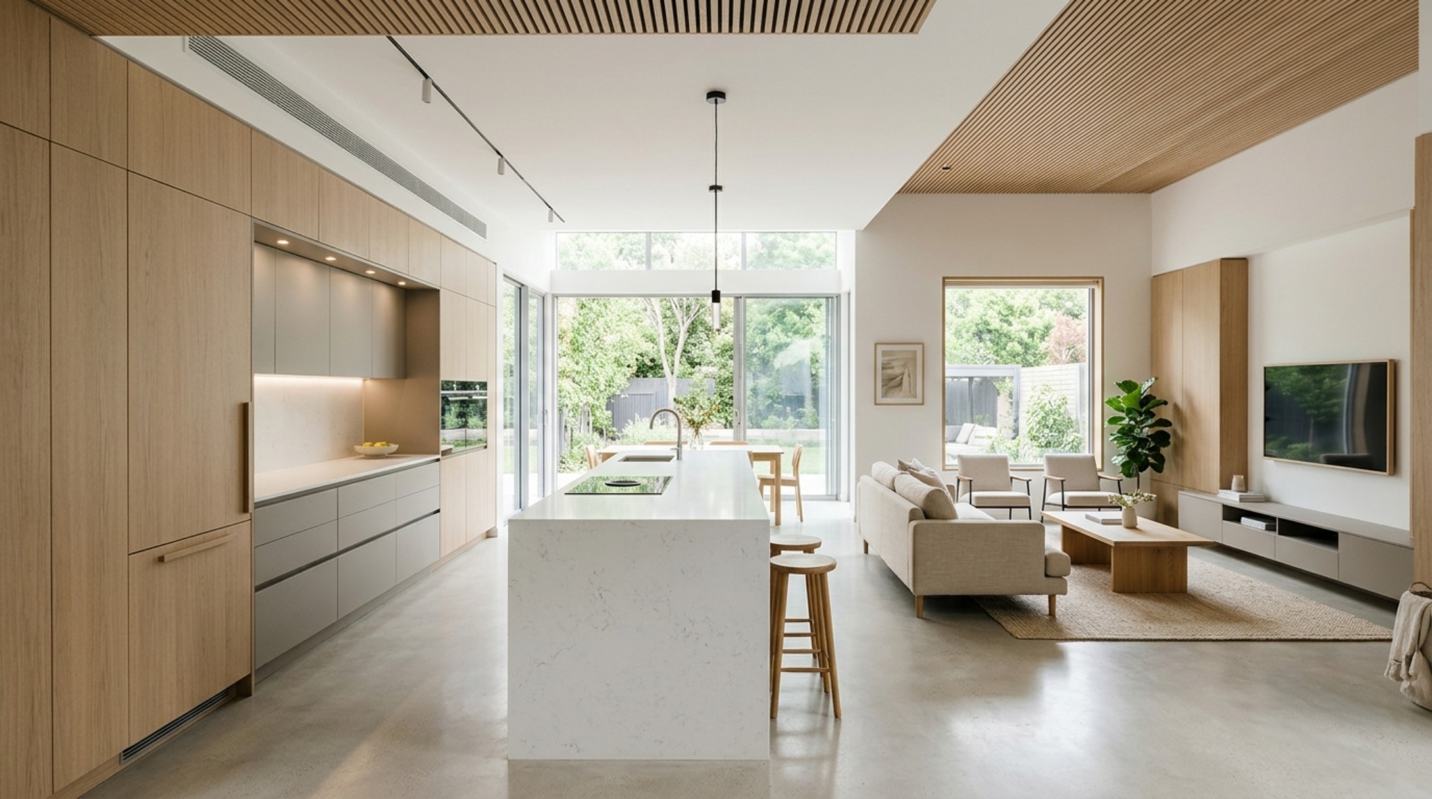 Minimalist kitchen layout ideas for a small urban apartment with hidden pocket doors concealing a full-service coffee station. Minimalist kitchen layout ideas for a small urban apartment with hidden pocket doors concealing a full-service coffee station.