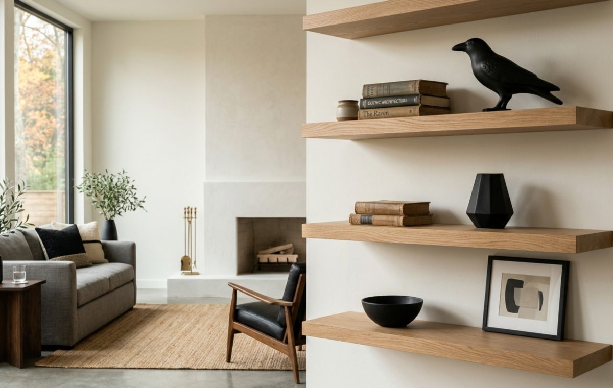 A bright, minimalist apartment living room featuring three thick white oak floating shelves styled with ceramic vases and subtle black Halloween accents under soft 2700K lighting.