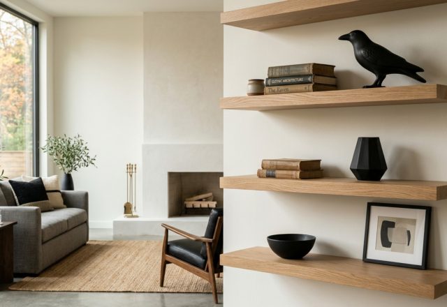 A bright, minimalist apartment living room featuring three thick white oak floating shelves styled with ceramic vases and subtle black Halloween accents under soft 2700K lighting.