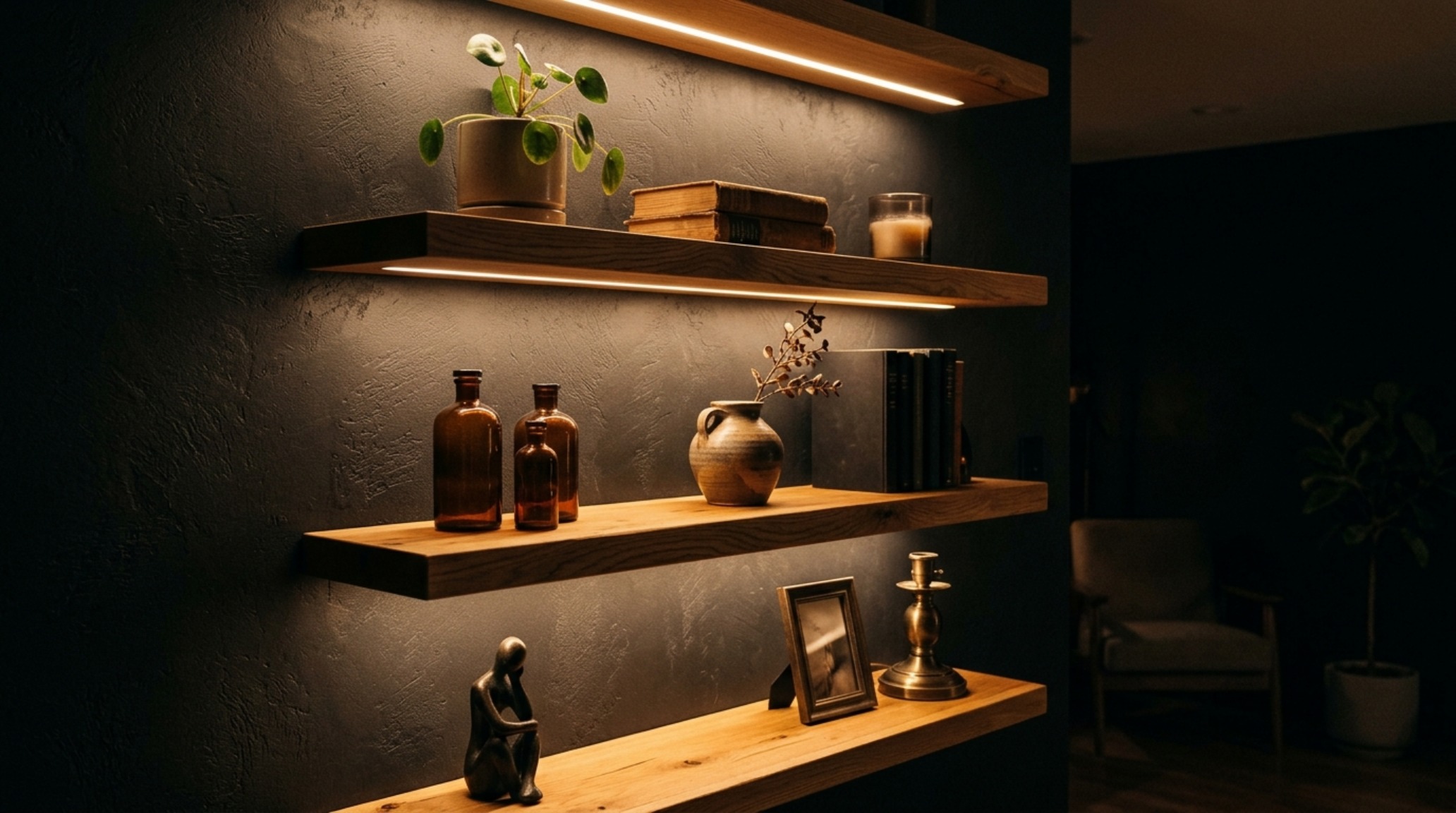Atmospheric evening shot of floating shelves where the 2700K lighting creates long shadows and a cozy, mysterious Halloween ambiance.