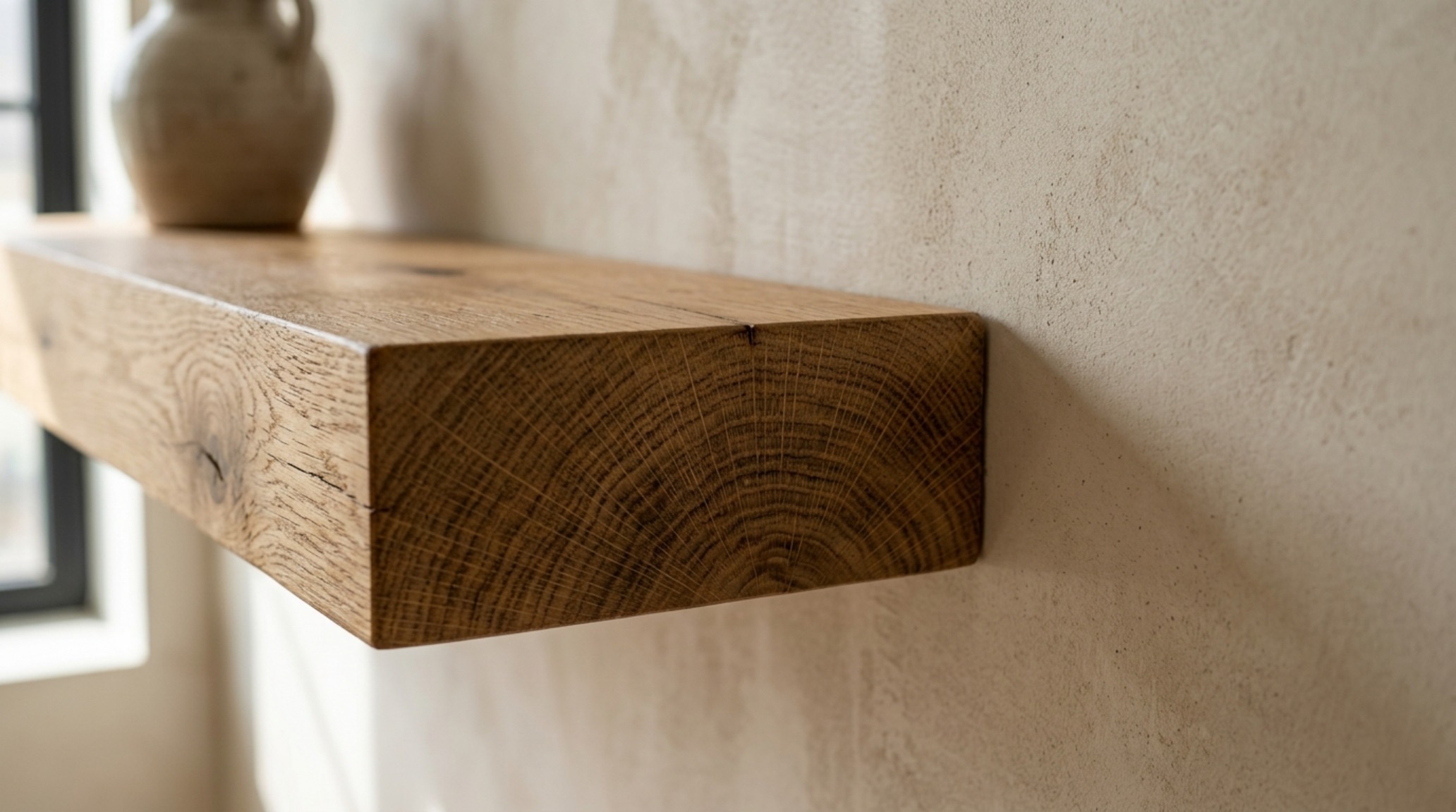 Close-up detail of a 3-inch thick floating shelf with a concealed bracket system installed against a limewash wall in Benjamin Moore Swiss Coffee.