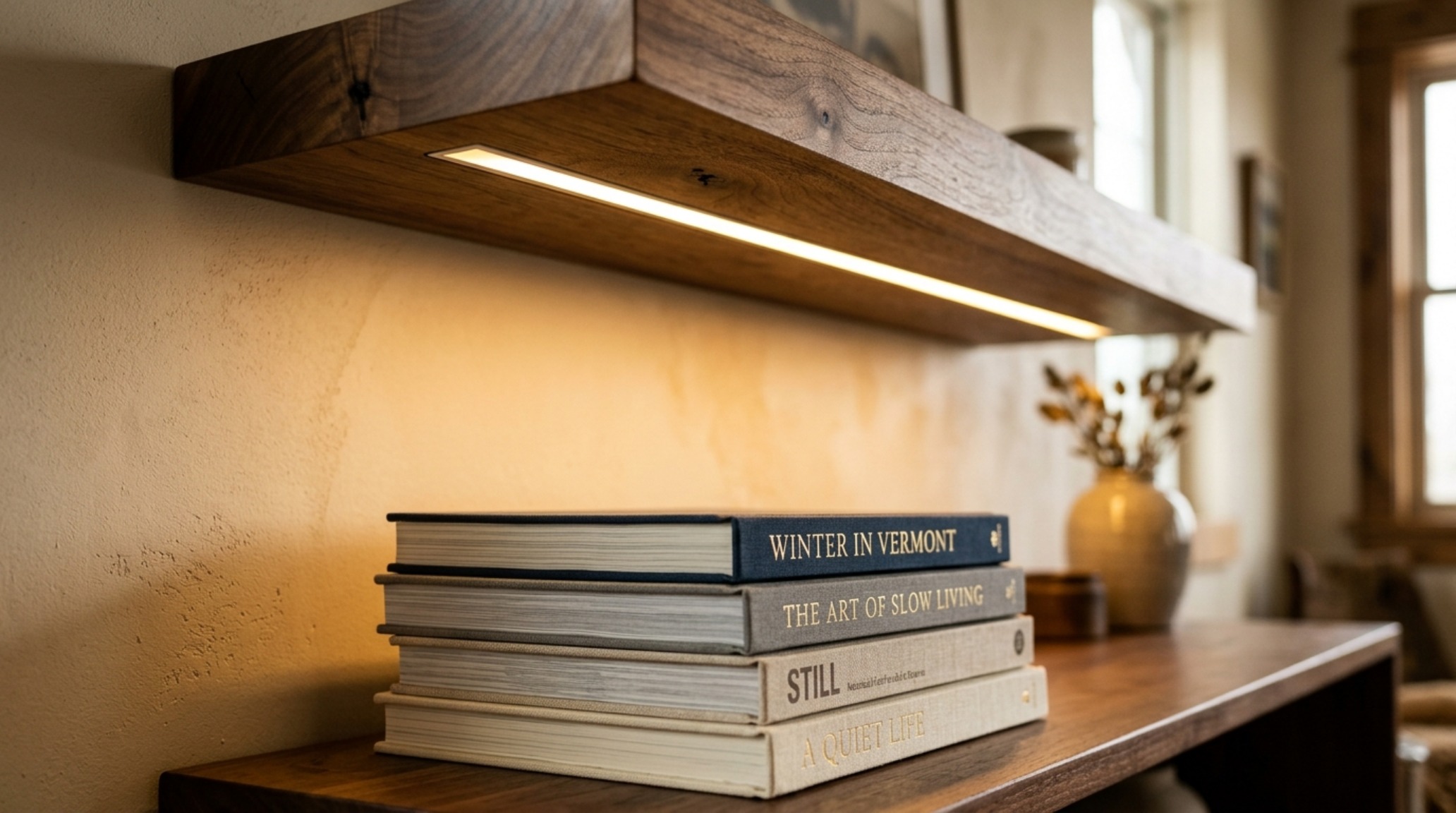 Integrated LED strip lighting installed beneath a walnut floating shelf, casting a warm 2700K glow on a collection of textured stoneware and dried botanicals.