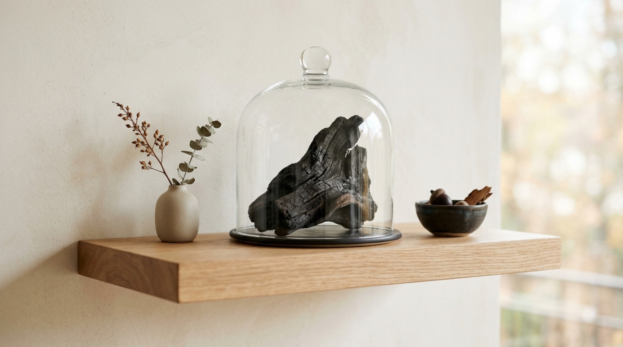 Minimalist seasonal styling on a long floating shelf featuring a cluster of dried pampas grass and a singular oversized mercury glass cloche.