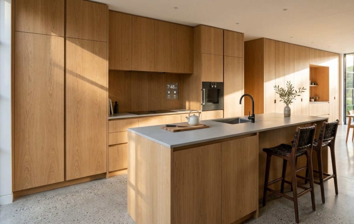 integrated smart home storage hidden behind floor-to-ceiling white oak millwork with 1/8-inch precision reveals and touch-latch hardware