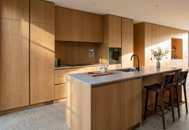 integrated smart home storage hidden behind floor-to-ceiling white oak millwork with 1/8-inch precision reveals and touch-latch hardware