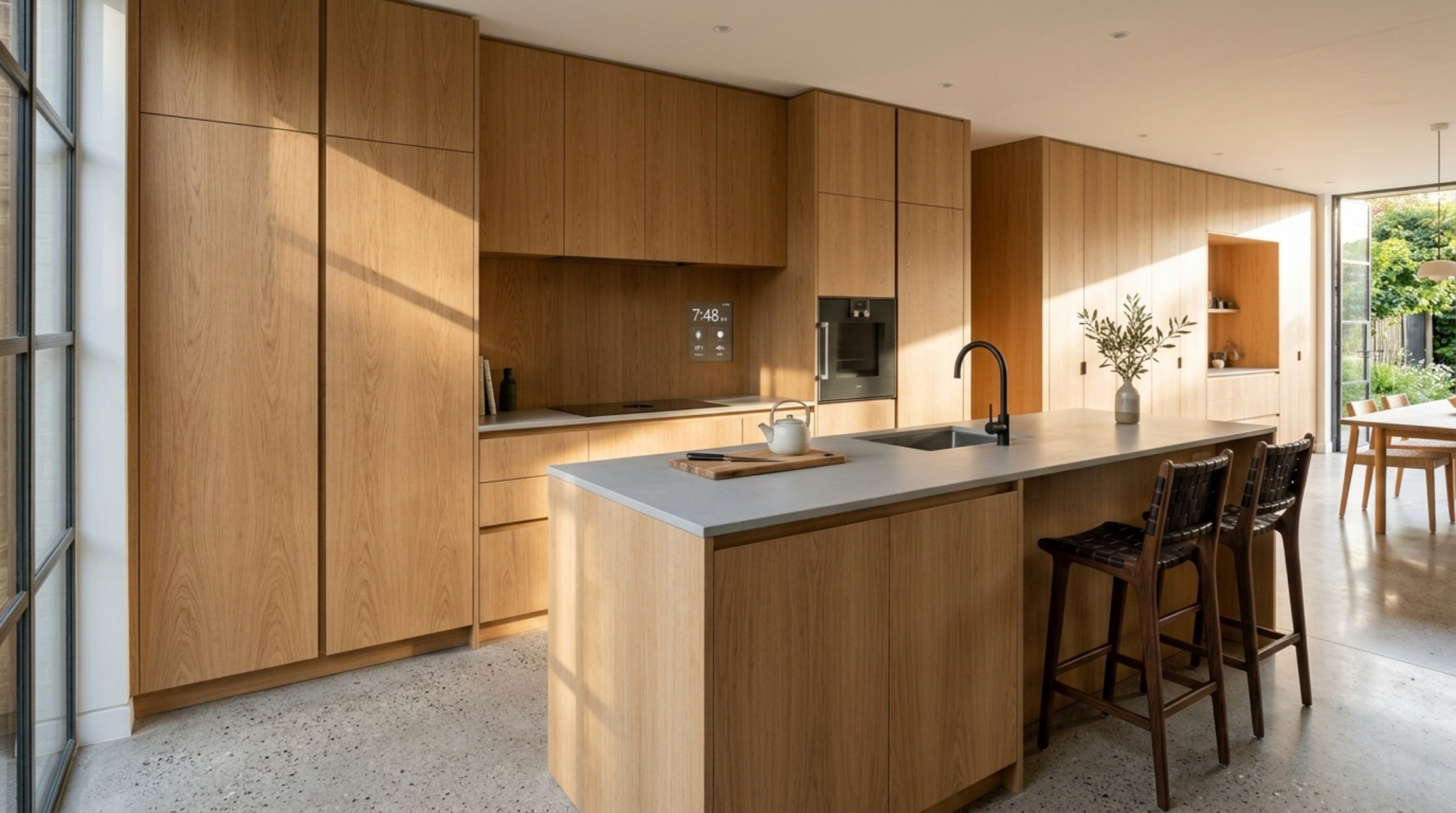 integrated smart home storage hidden behind floor-to-ceiling white oak millwork with 1/8-inch precision reveals and touch-latch hardware integrated smart home storage hidden behind floor-to-ceiling white oak millwork with 1/8-inch precision reveals and touch-latch hardware