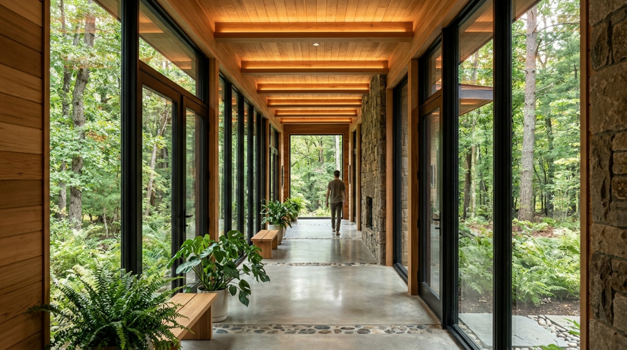 biophilic home architecture with a focus on sightline alignment from the kitchen through a framed window view of a lush green courtyard biophilic home architecture with a focus on sightline alignment from the kitchen through a framed window view of a lush green courtyard